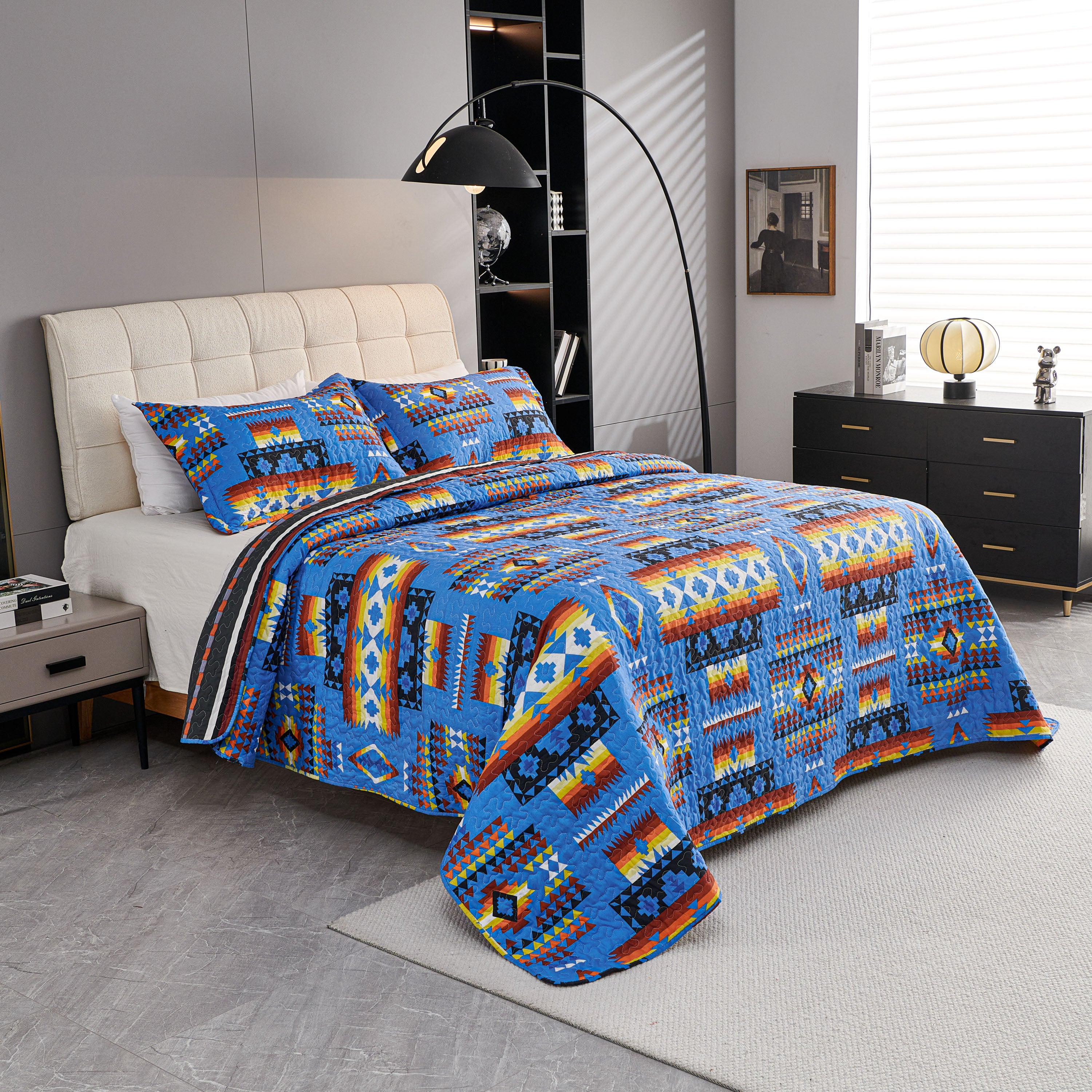 3 Piece Boho Colorful Geometric Printed Quilt Bedspread Set SS