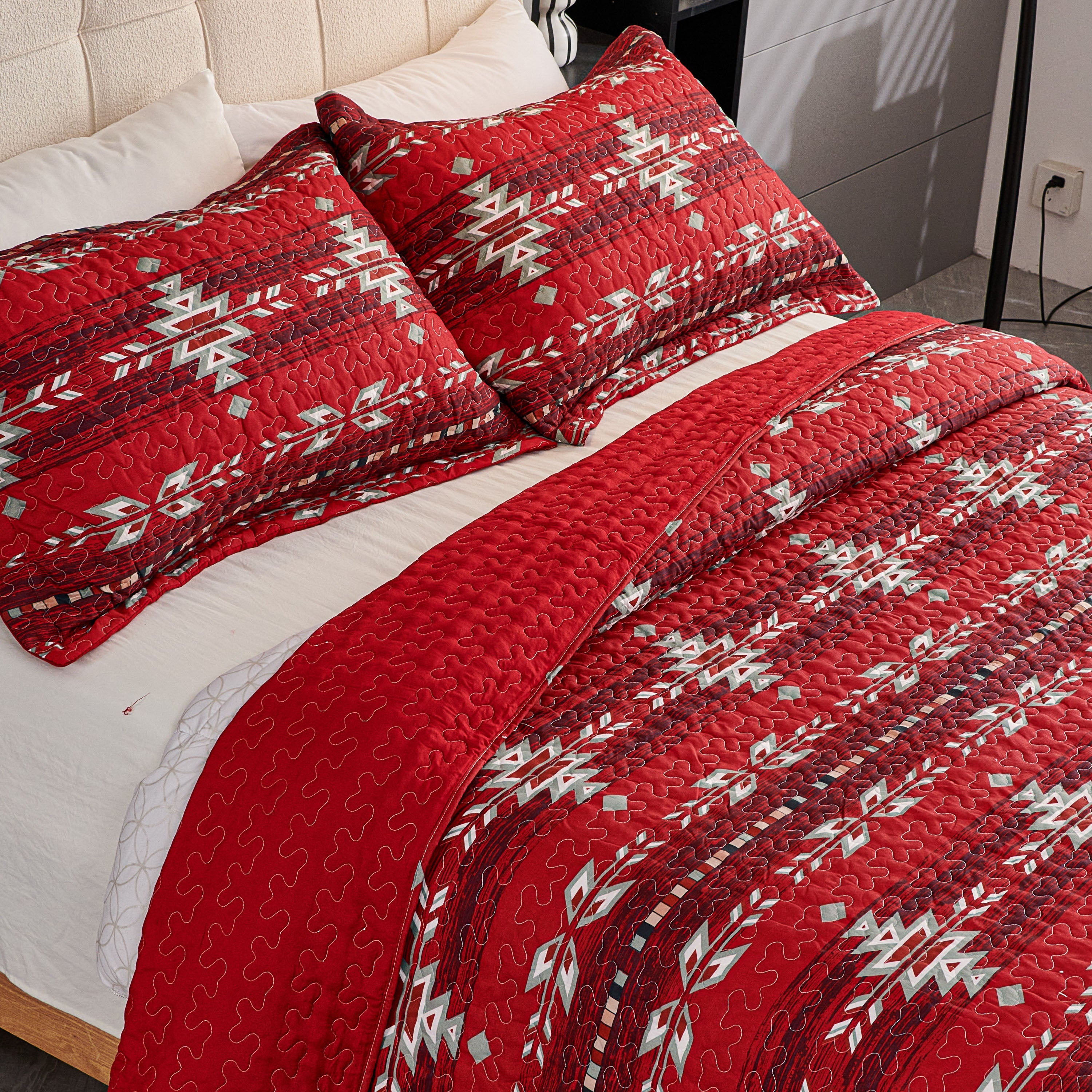 3 Piece Boho Colorful Geometric Printed Quilt Bedspread Set SS