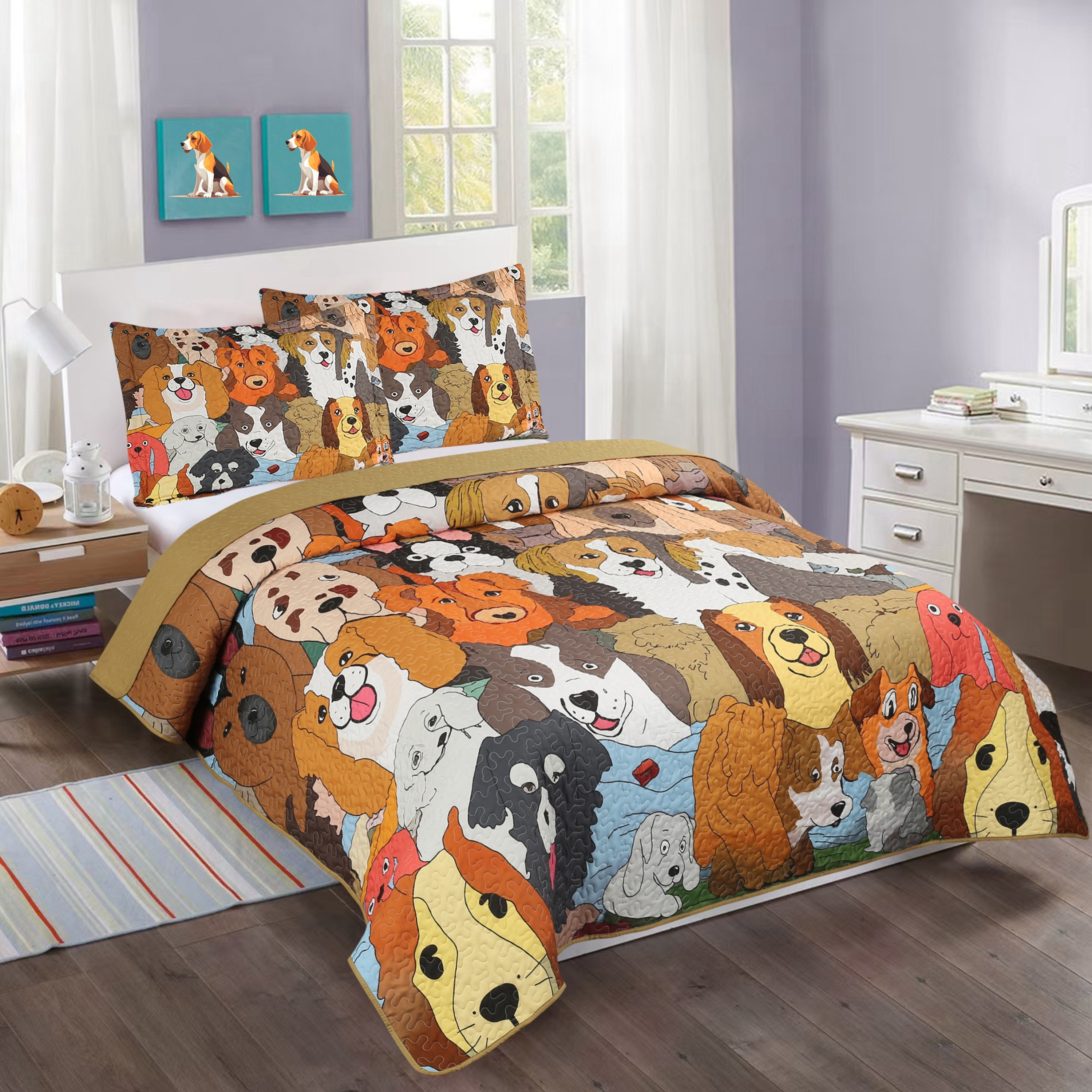 3 Piece Dog Print Quilt Set for Kids - Cartoon Puppy Bedspread WX200