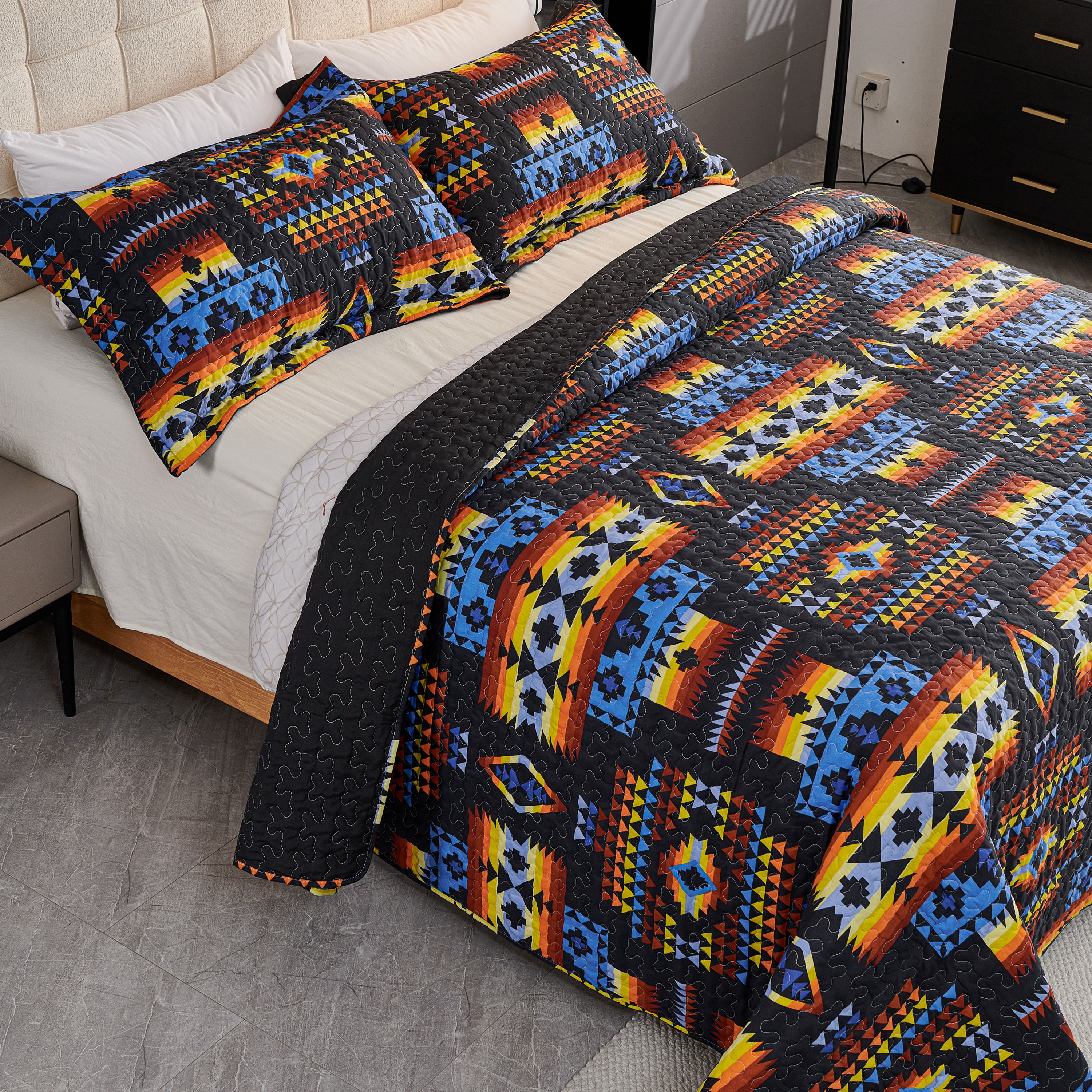 3 Piece Boho Colorful Geometric Printed Quilt Bedspread Set SS