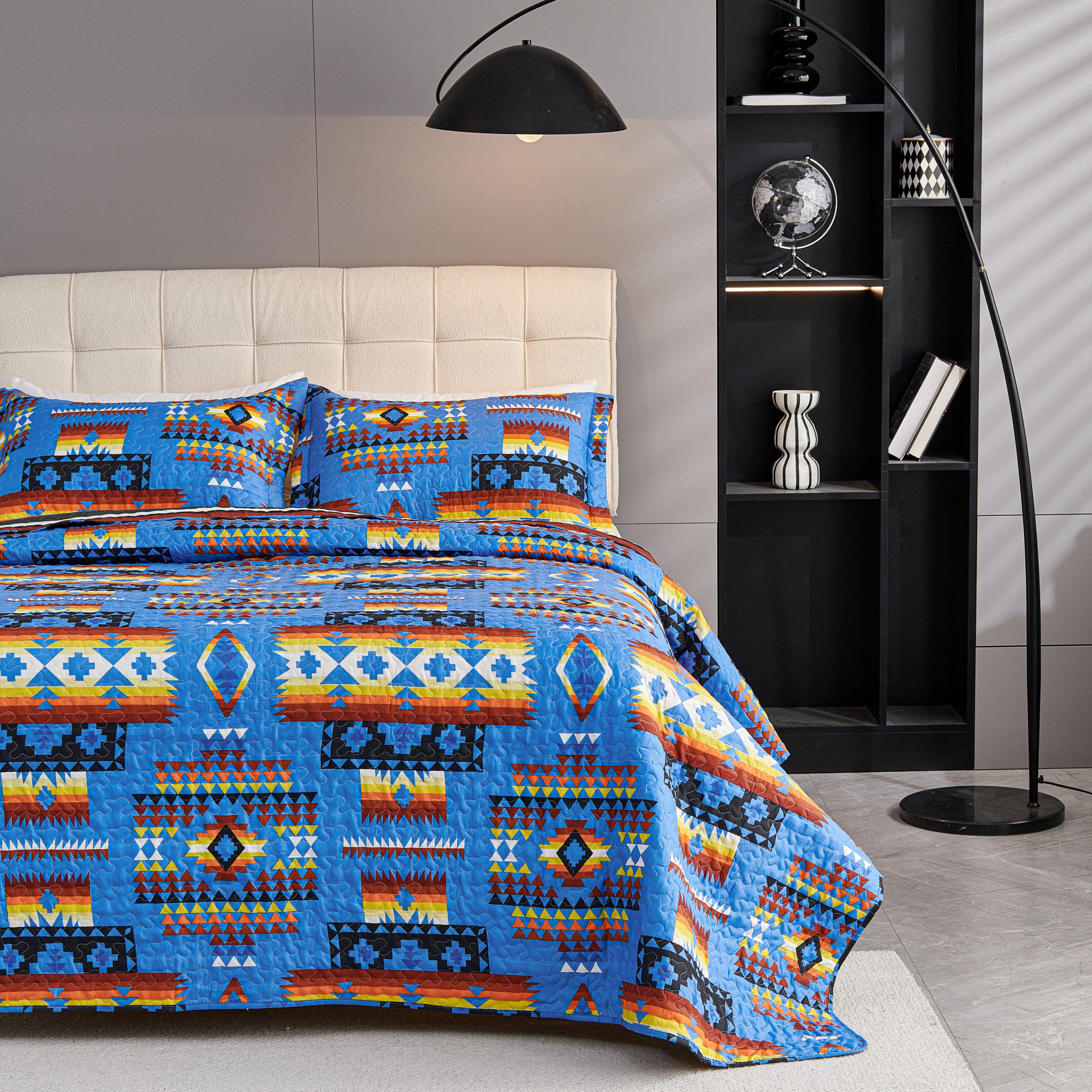 3 Piece Boho Colorful Geometric Printed Quilt Bedspread Set SS