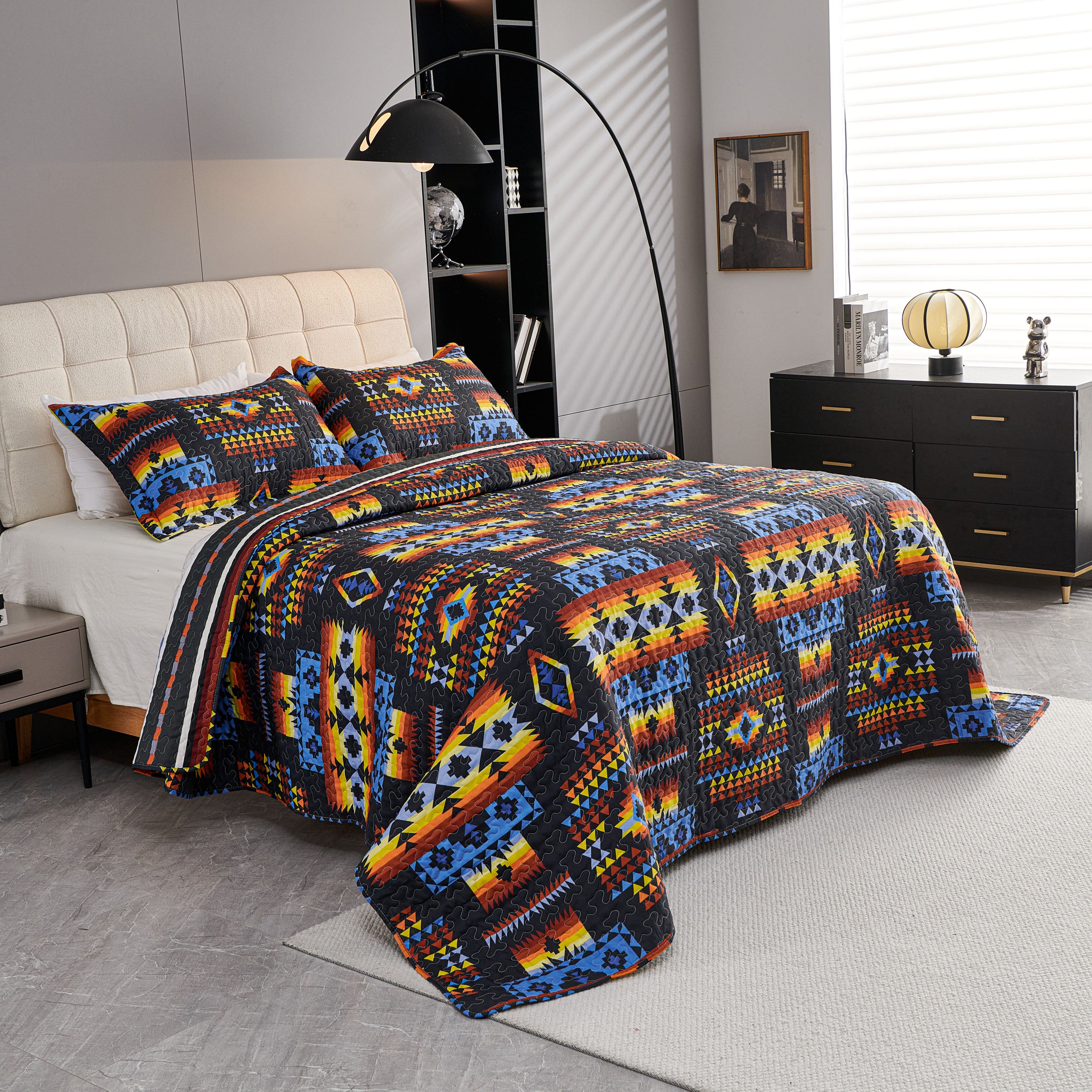 3 Piece Boho Colorful Geometric Printed Quilt Bedspread Set SS