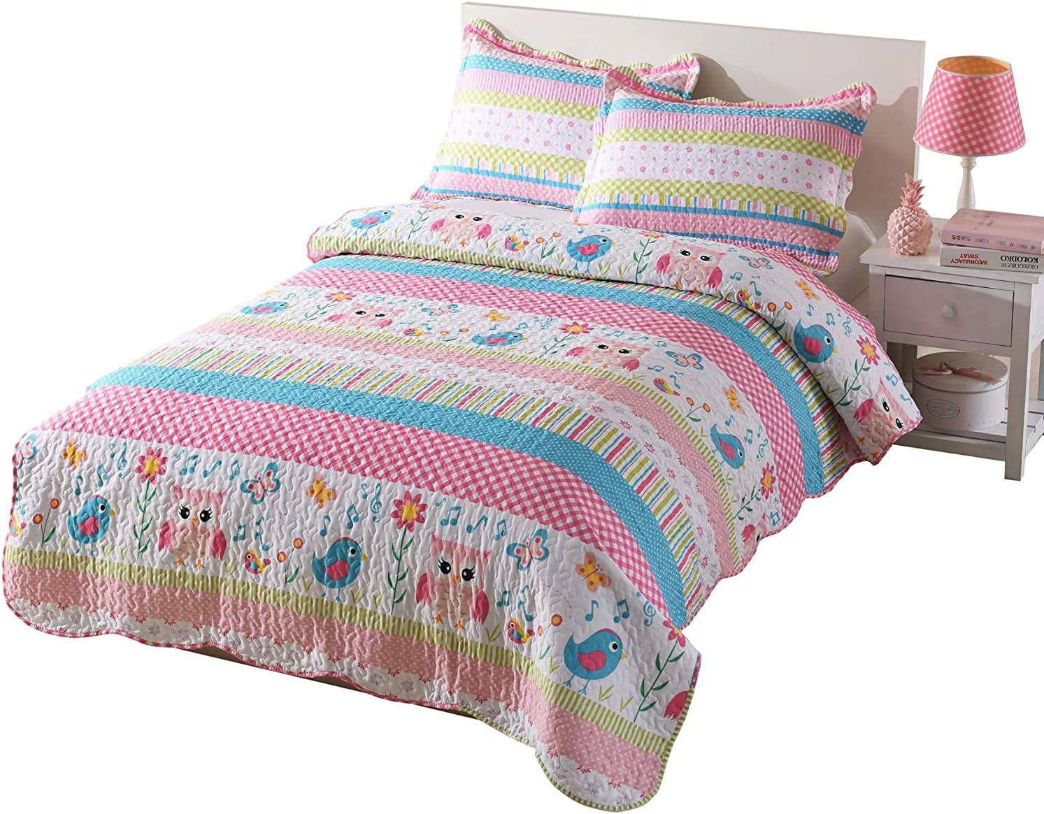 3 Piece Girls Quilt Set, Floral Cartoon Stripe Bedspread A73