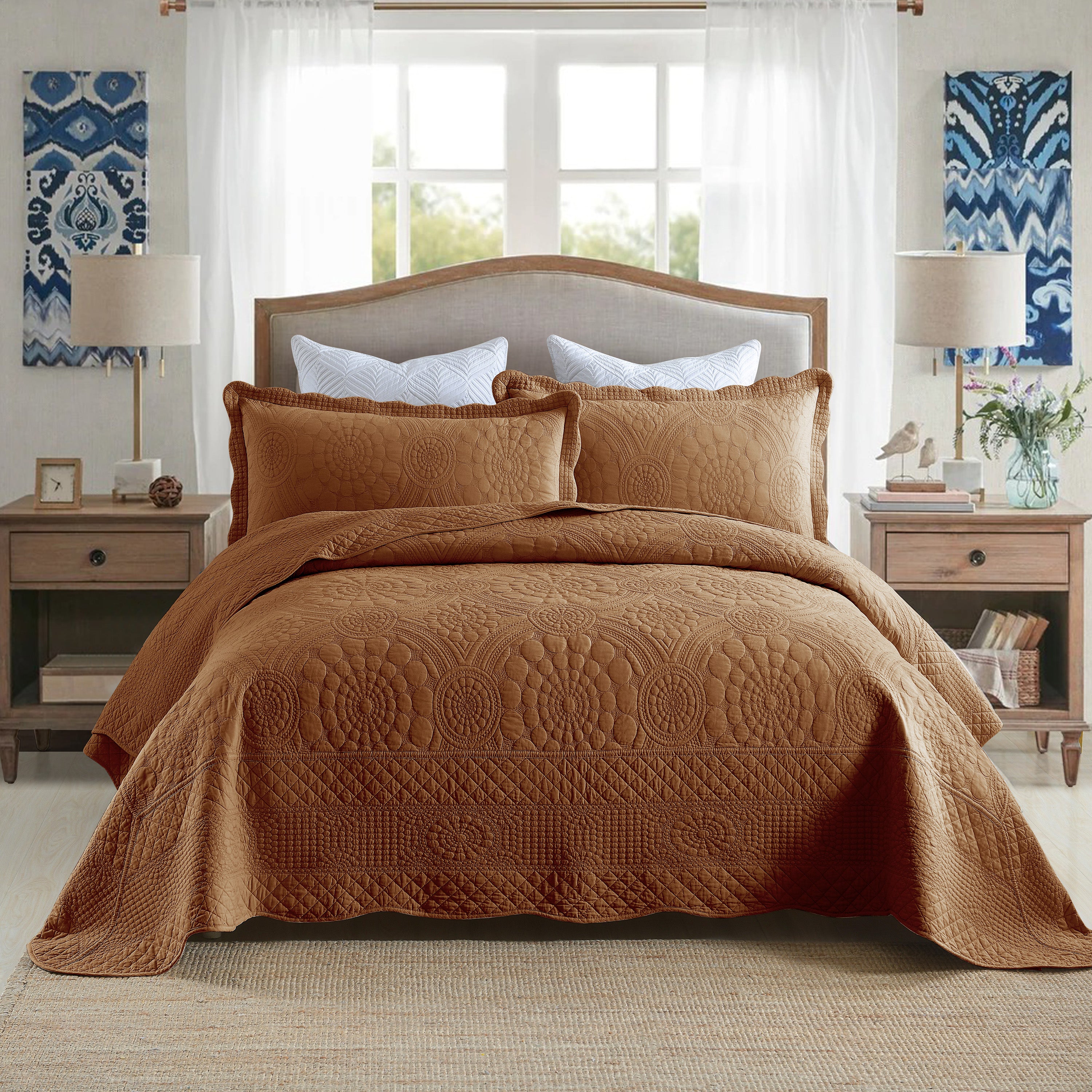 3 Piece 100% Cotton Quilt Set, Oversized Lightweight Quilted Bedspread TF