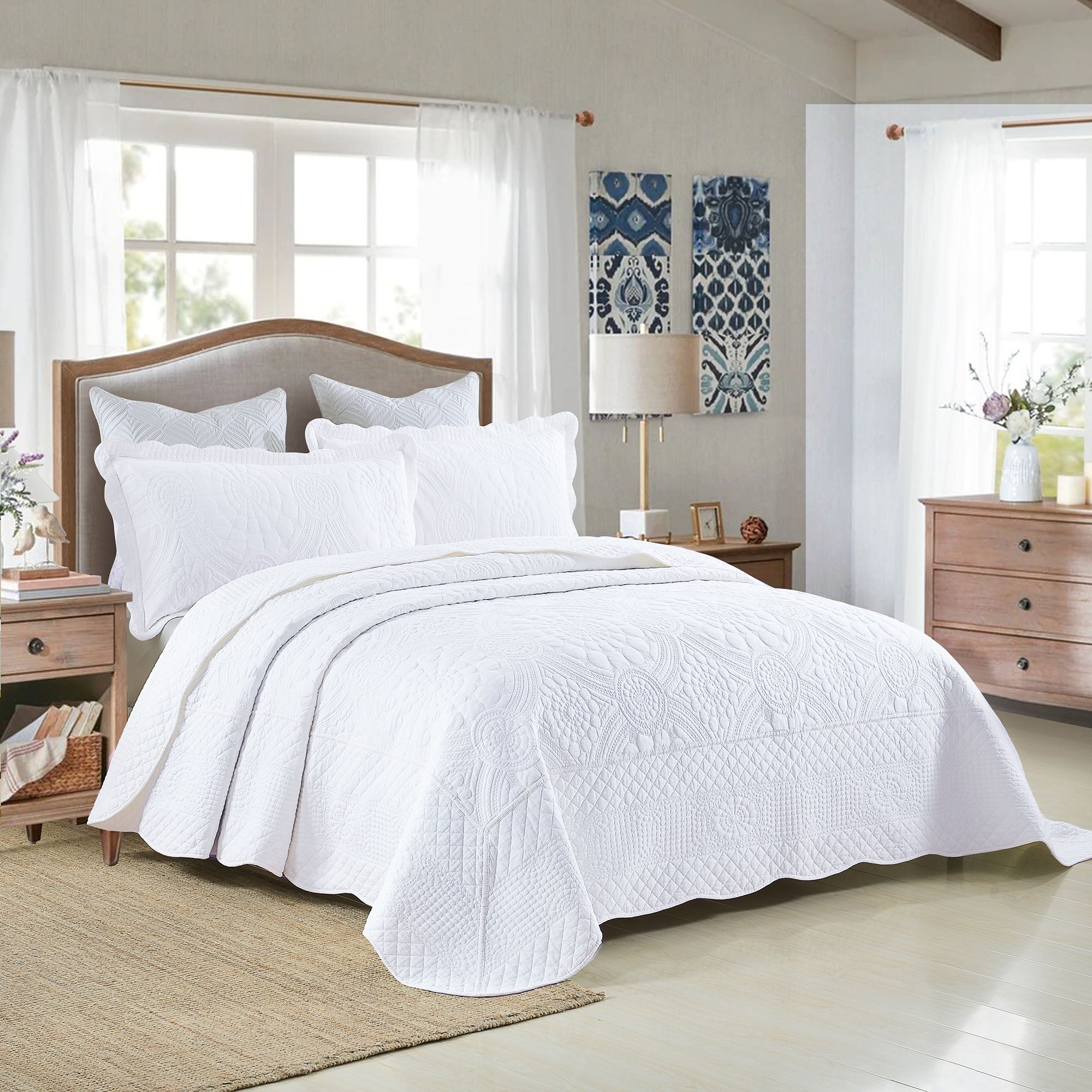 3 Piece 100% Cotton Embroidered Quilt Set – Elegant Matelassé Bedspread
