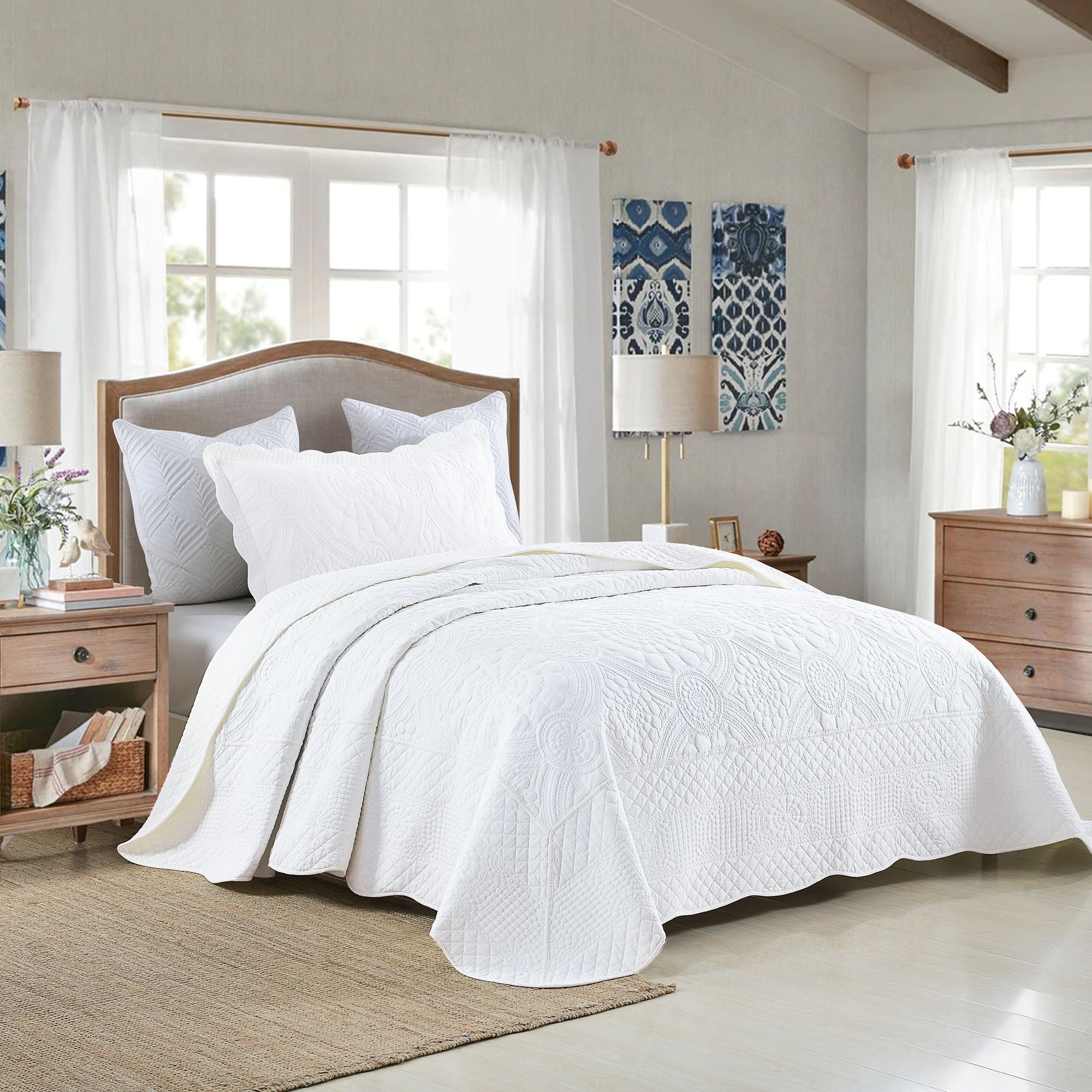 3 Piece 100% Cotton Embroidered Quilt Set – Elegant Matelassé Bedspread