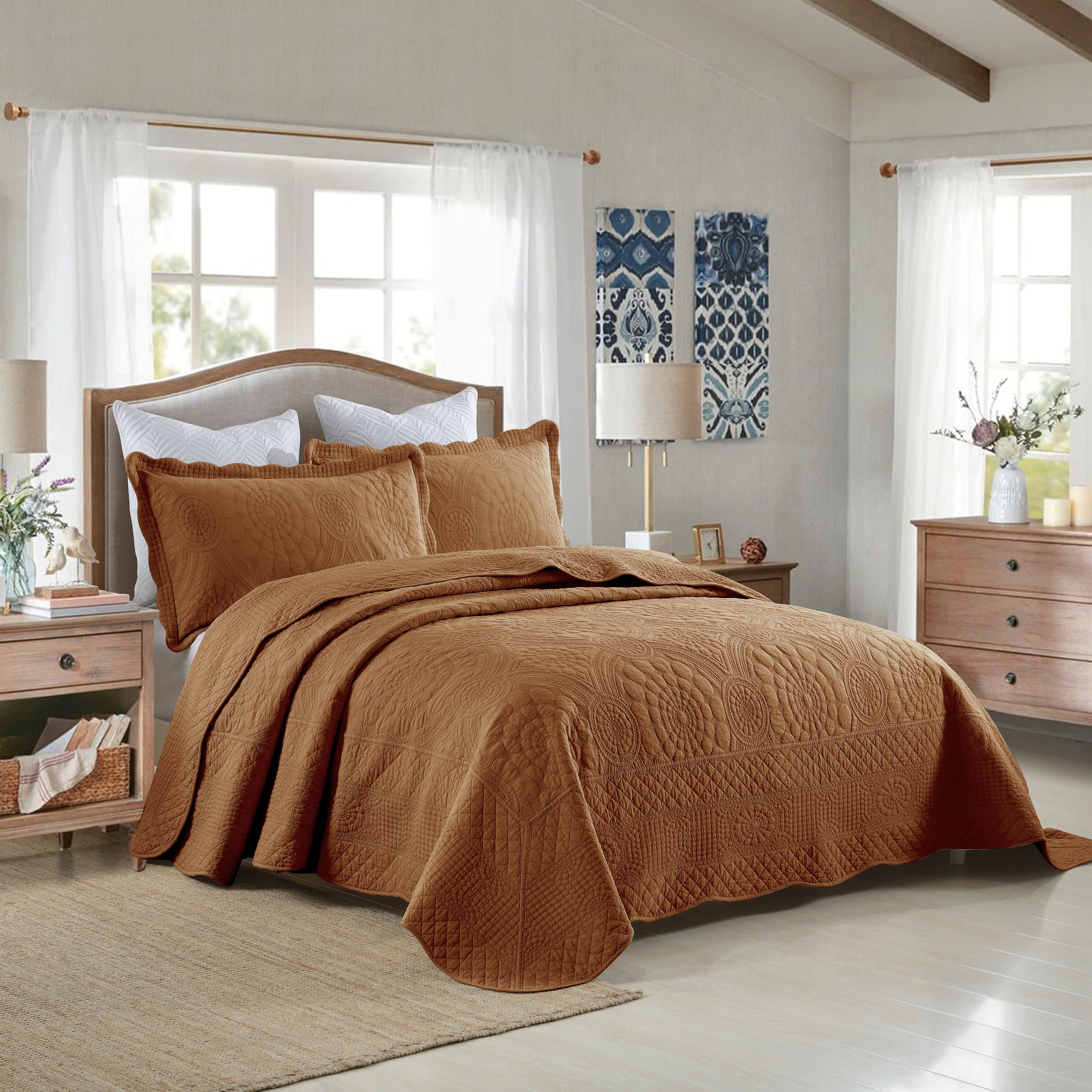3 Piece 100% Cotton Quilt Set, Oversized Lightweight Quilted Bedspread TF