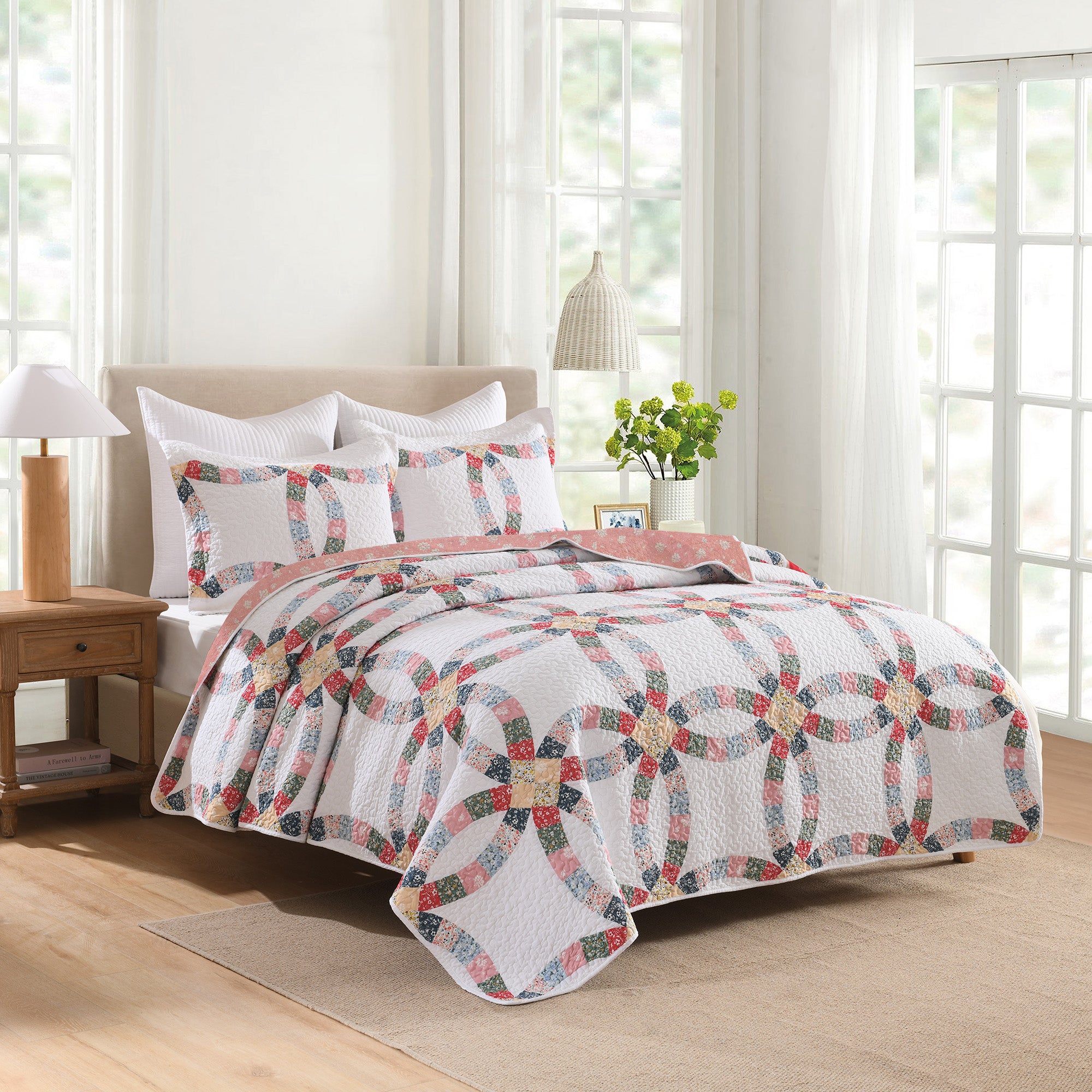 3 Piece 100% Cotton Double-Ring Patchwork Quilt Bedspread Set CP325