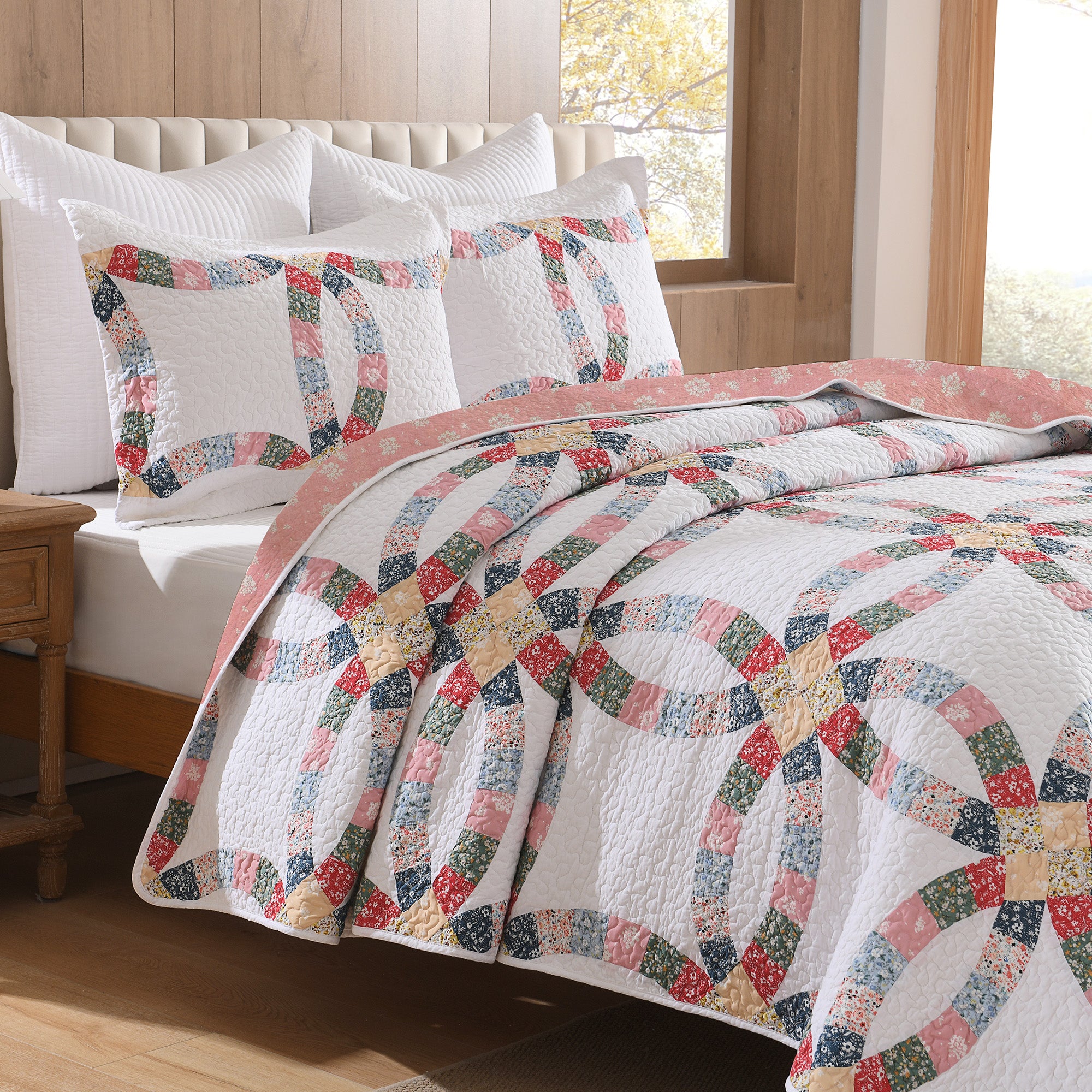 3 Piece 100% Cotton Double-Ring Patchwork Quilt Bedspread Set CP325