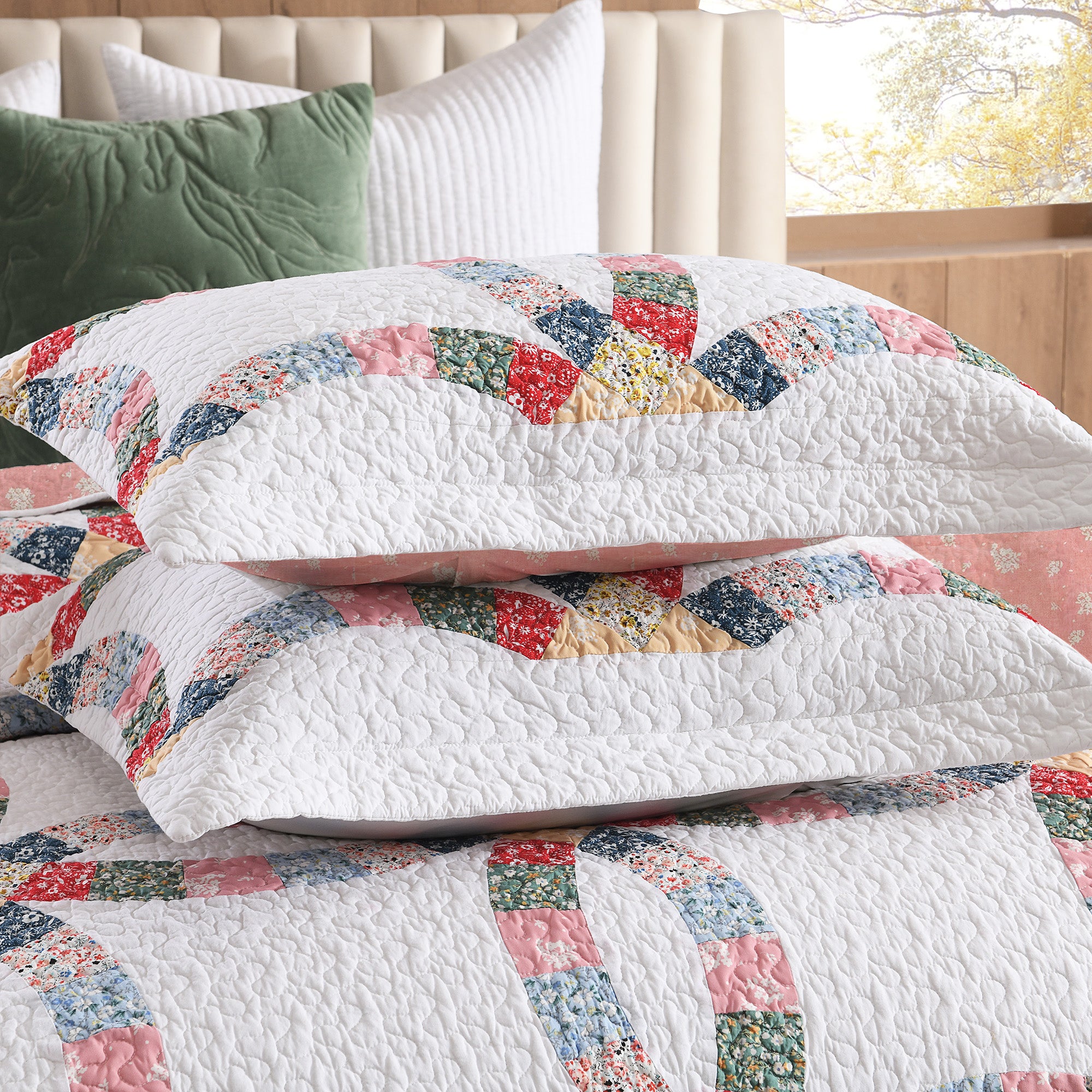 3 Piece 100% Cotton Double-Ring Patchwork Quilt Bedspread Set CP325