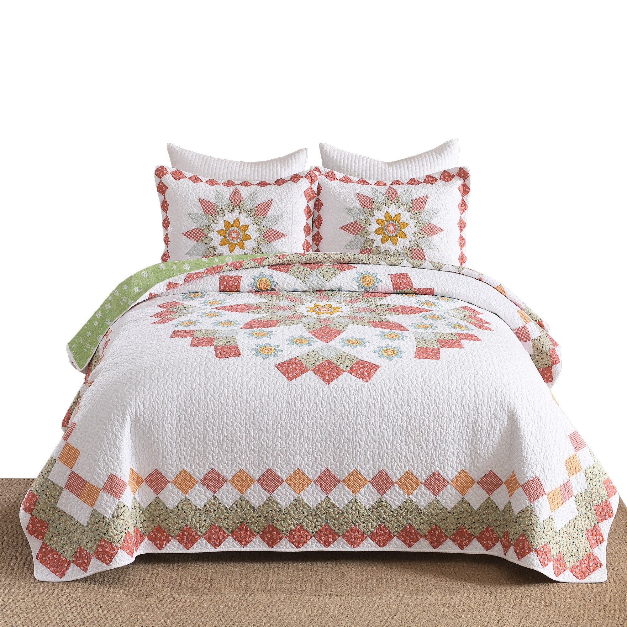 3 Piece 100% Cotton Floral Patchwork Quilt Set – Vintage Country Bedspread CP326