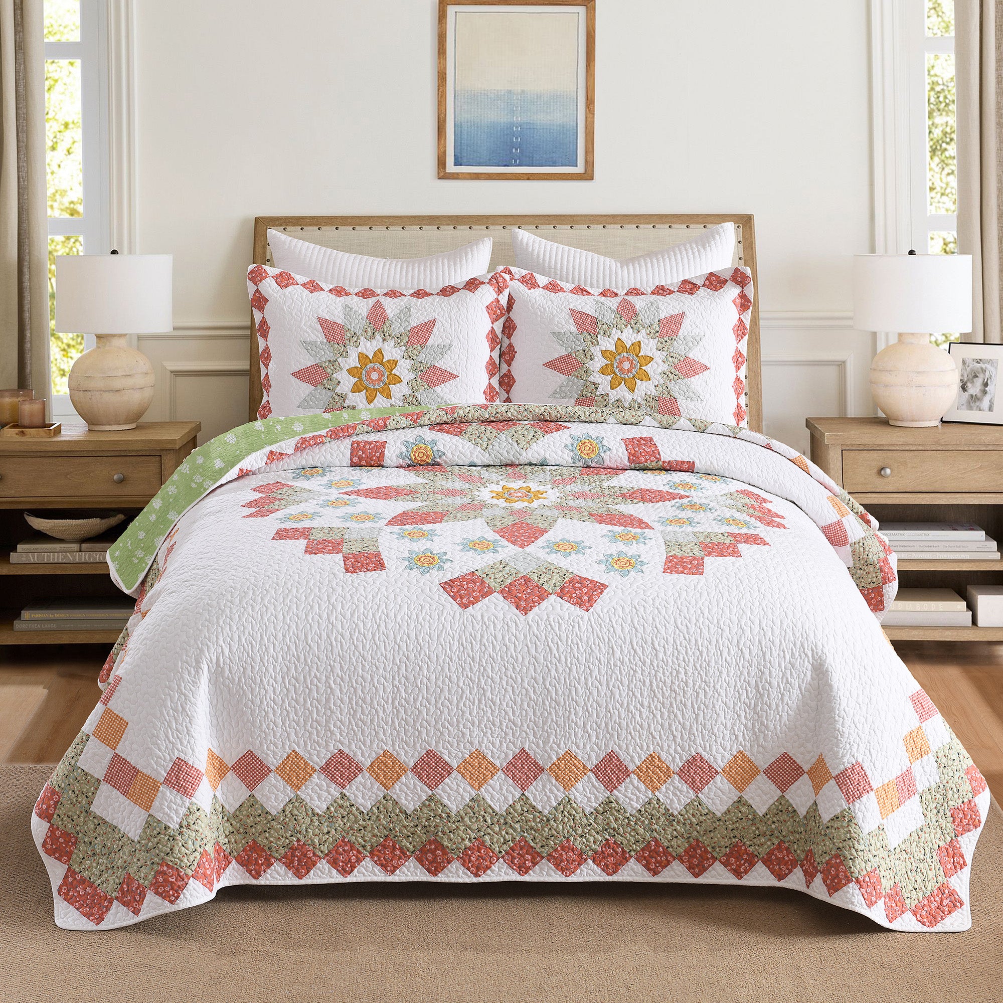 3 Piece 100% Cotton Floral Patchwork Quilt Set – Vintage Country Bedspread CP326