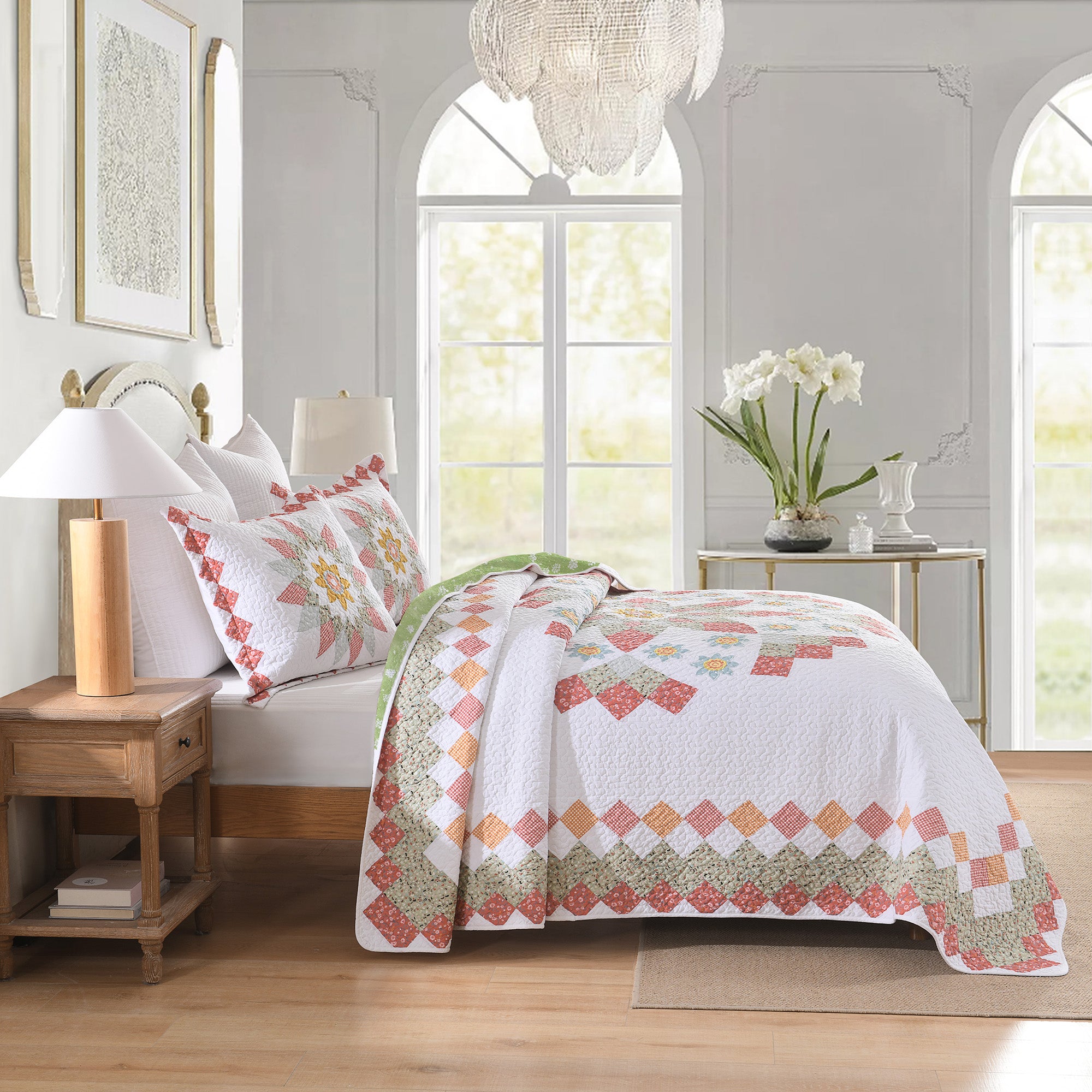 3 Piece 100% Cotton Floral Patchwork Quilt Set – Vintage Country Bedspread CP326
