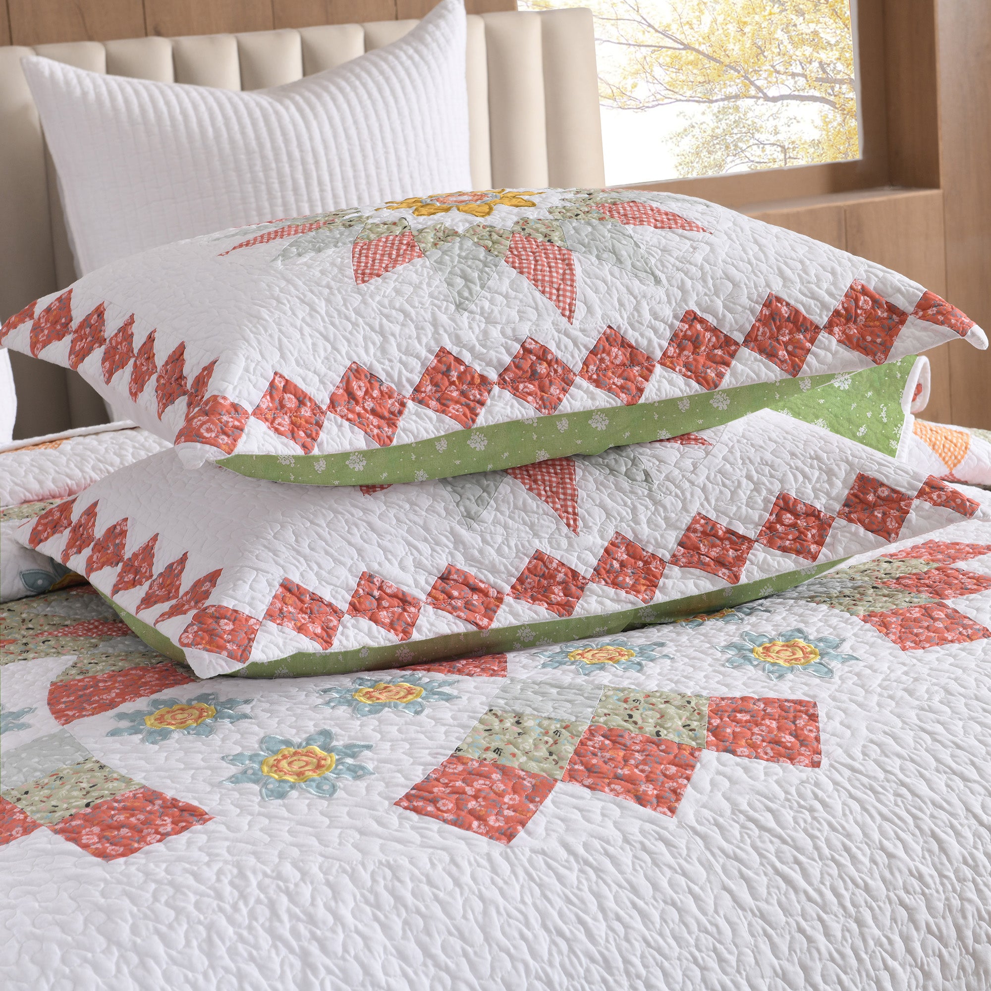 3 Piece 100% Cotton Floral Patchwork Quilt Set – Vintage Country Bedspread CP326