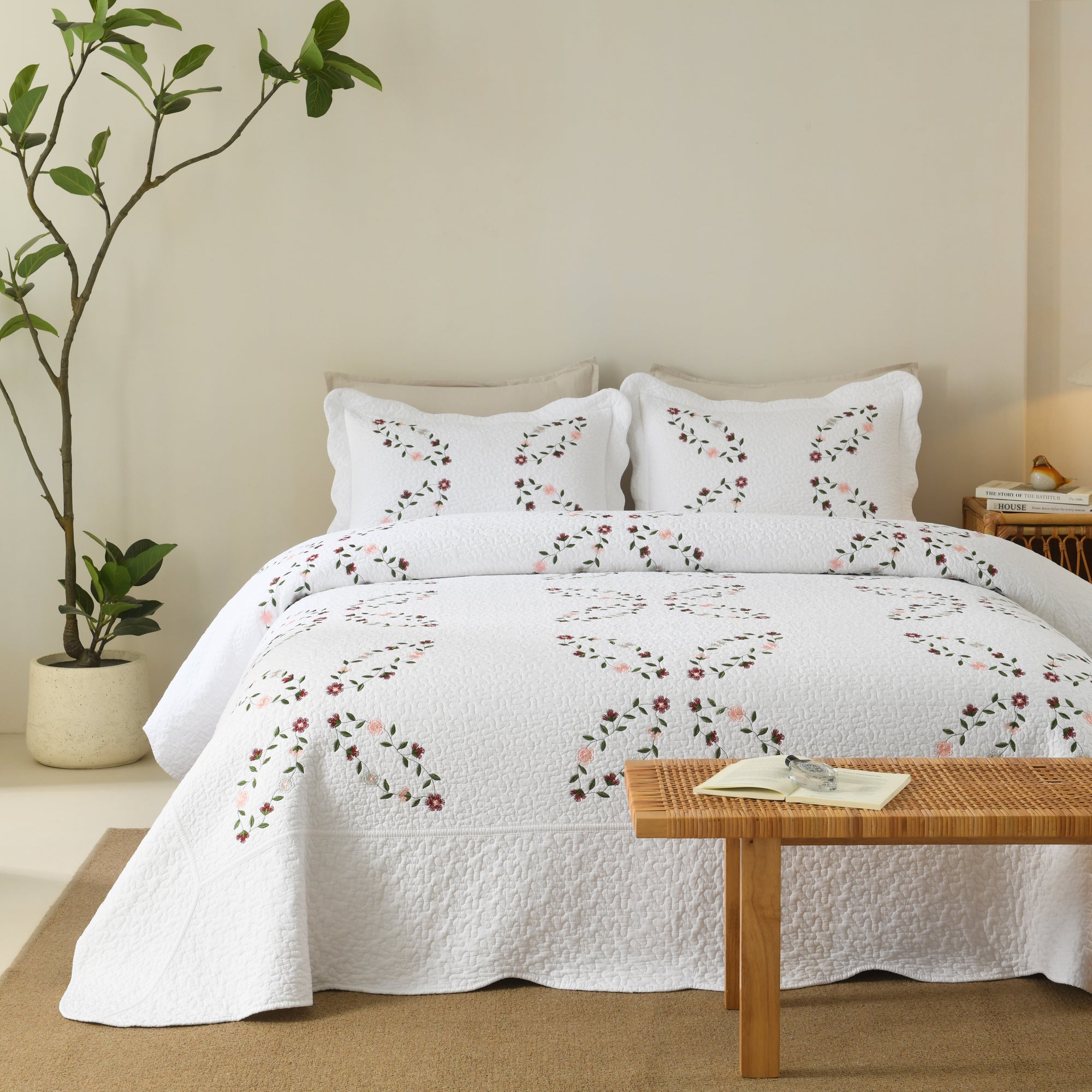 3 Piece 100% Cotton Cover Floral Vine Embroidered Cottage Quilt Bedspread Set ME526