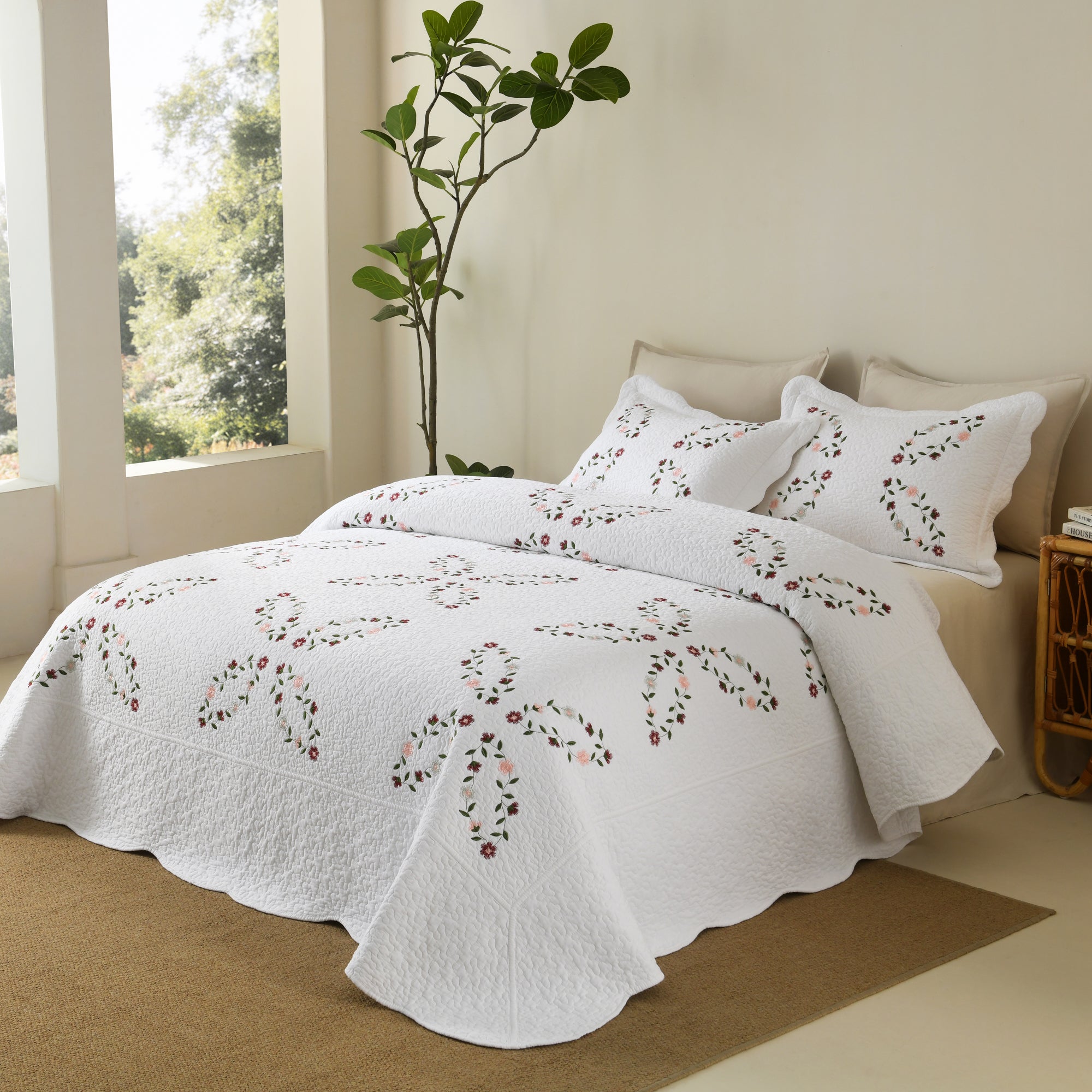3 Piece 100% Cotton Cover Floral Vine Embroidered Cottage Quilt Bedspread Set ME526