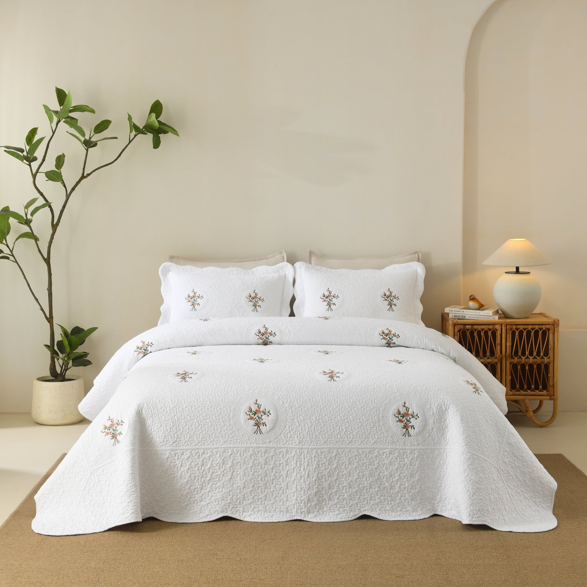 3 Piece 100% Cotton Cover Rose Embroidered Vintage Cottage Quilt Bedspread Set ME524