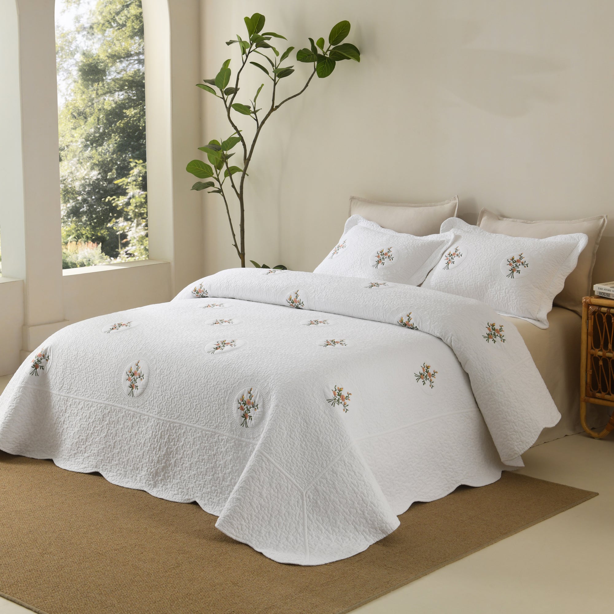 3 Piece 100% Cotton Cover Rose Embroidered Vintage Cottage Quilt Bedspread Set ME524