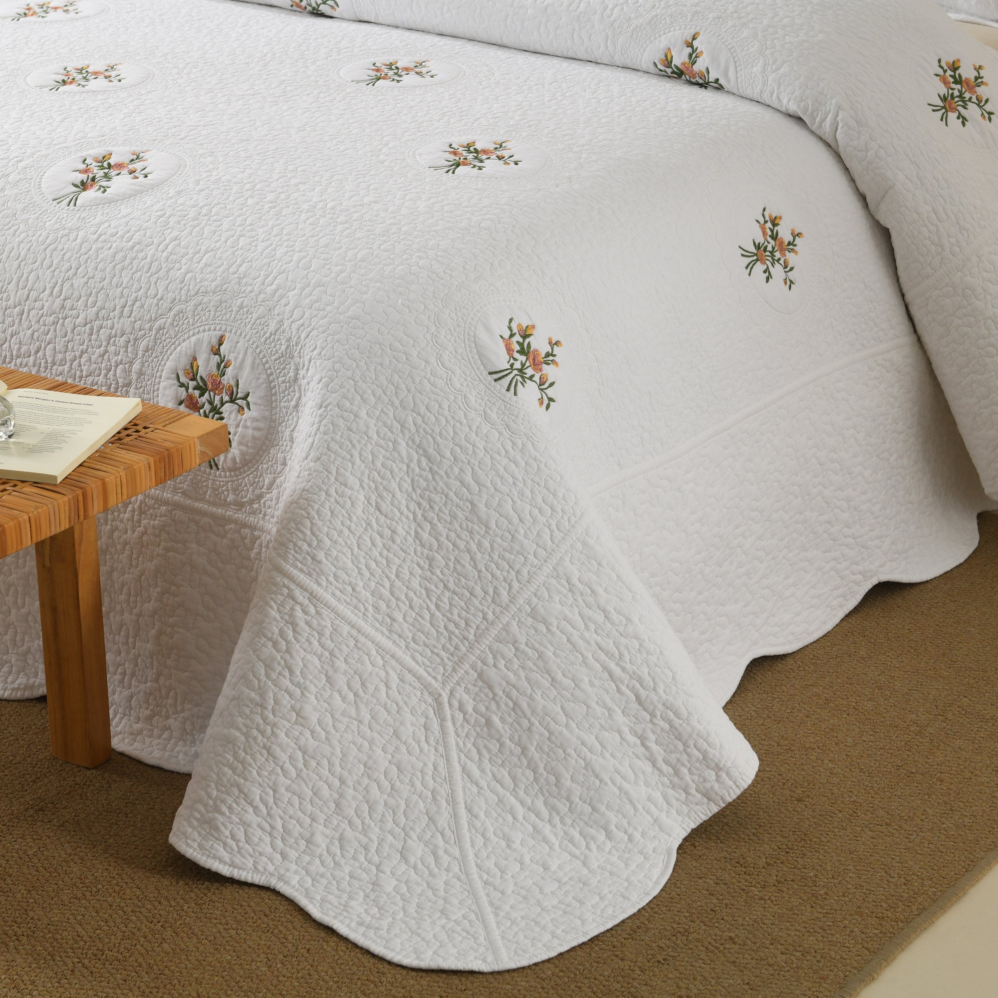3 Piece 100% Cotton Cover Rose Embroidered Vintage Cottage Quilt Bedspread Set ME524