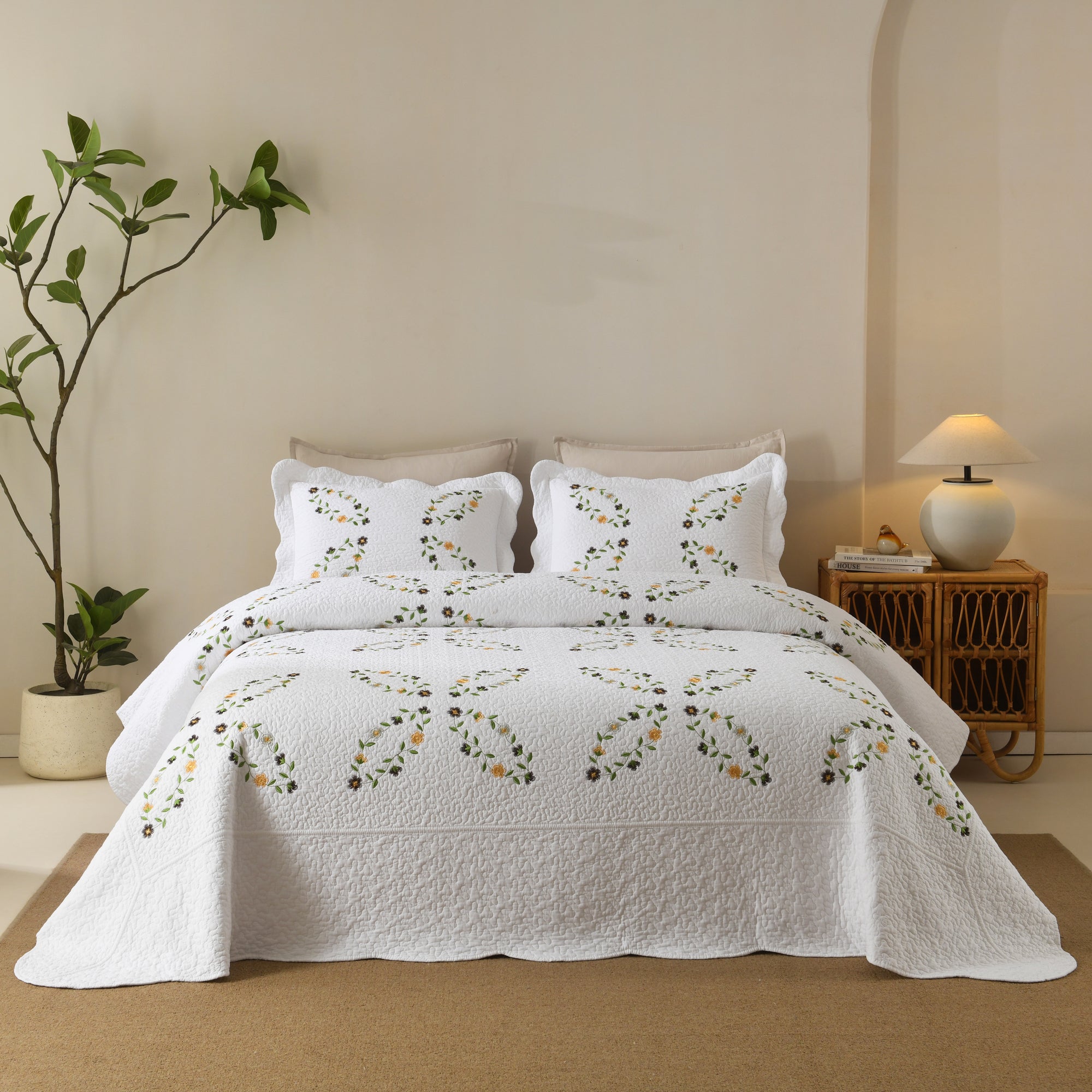 3 Piece 100% Cotton Cover Floral Vine Embroidered Cottage Quilt Bedspread Set ME525