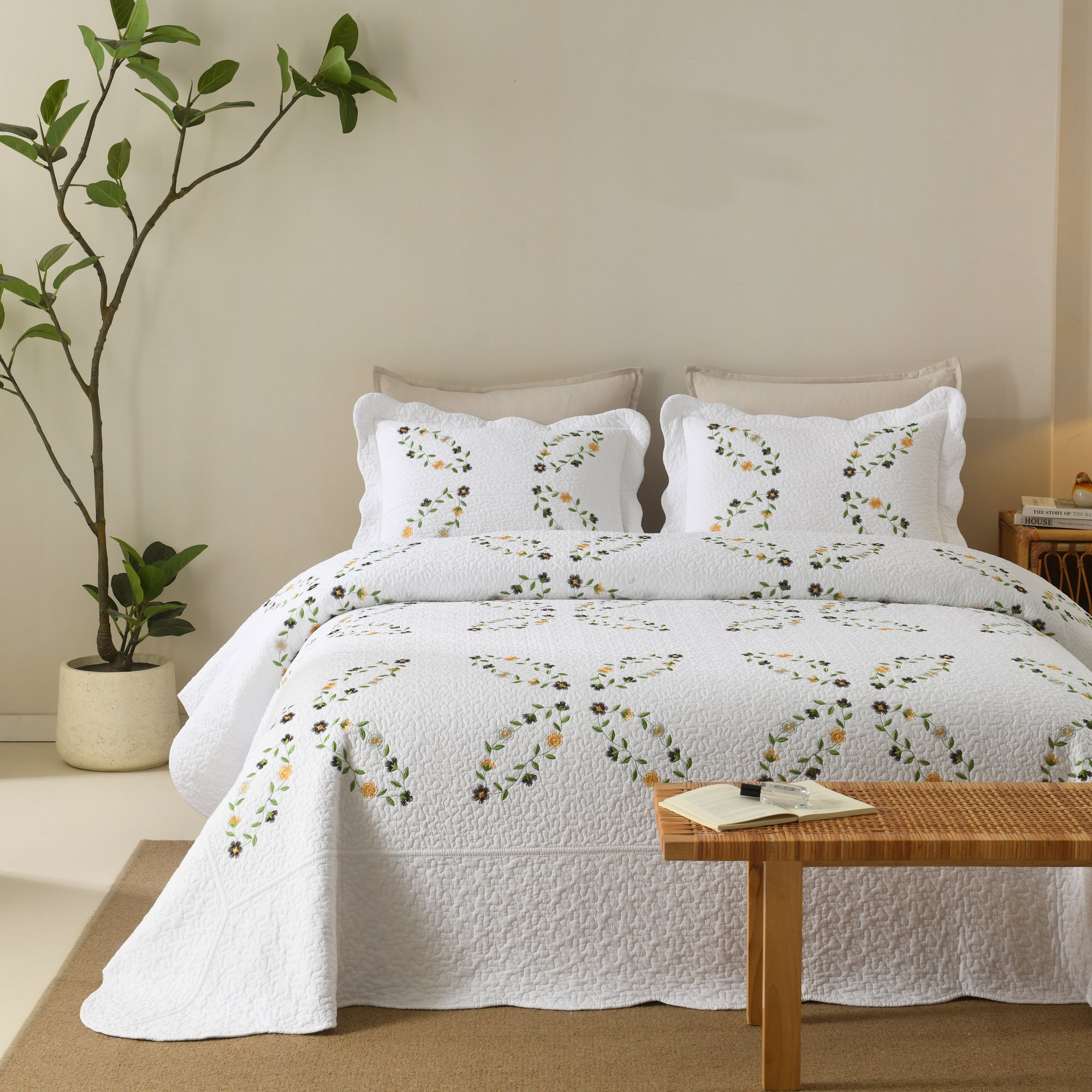 3 Piece 100% Cotton Cover Floral Vine Embroidered Cottage Quilt Bedspread Set ME525