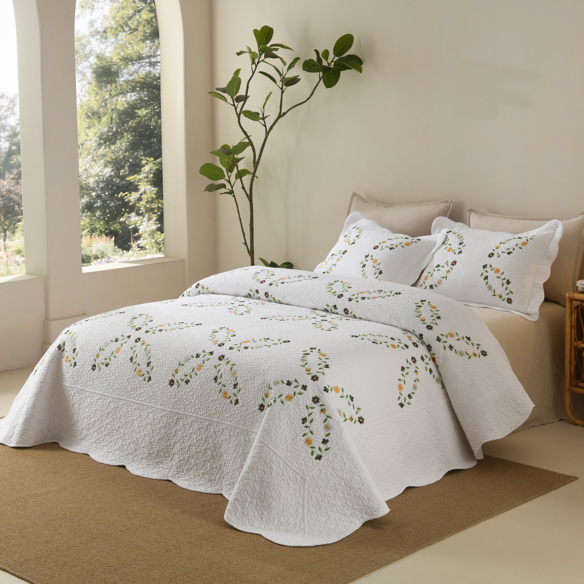 3 Piece 100% Cotton Cover Floral Vine Embroidered Cottage Quilt Bedspread Set ME525