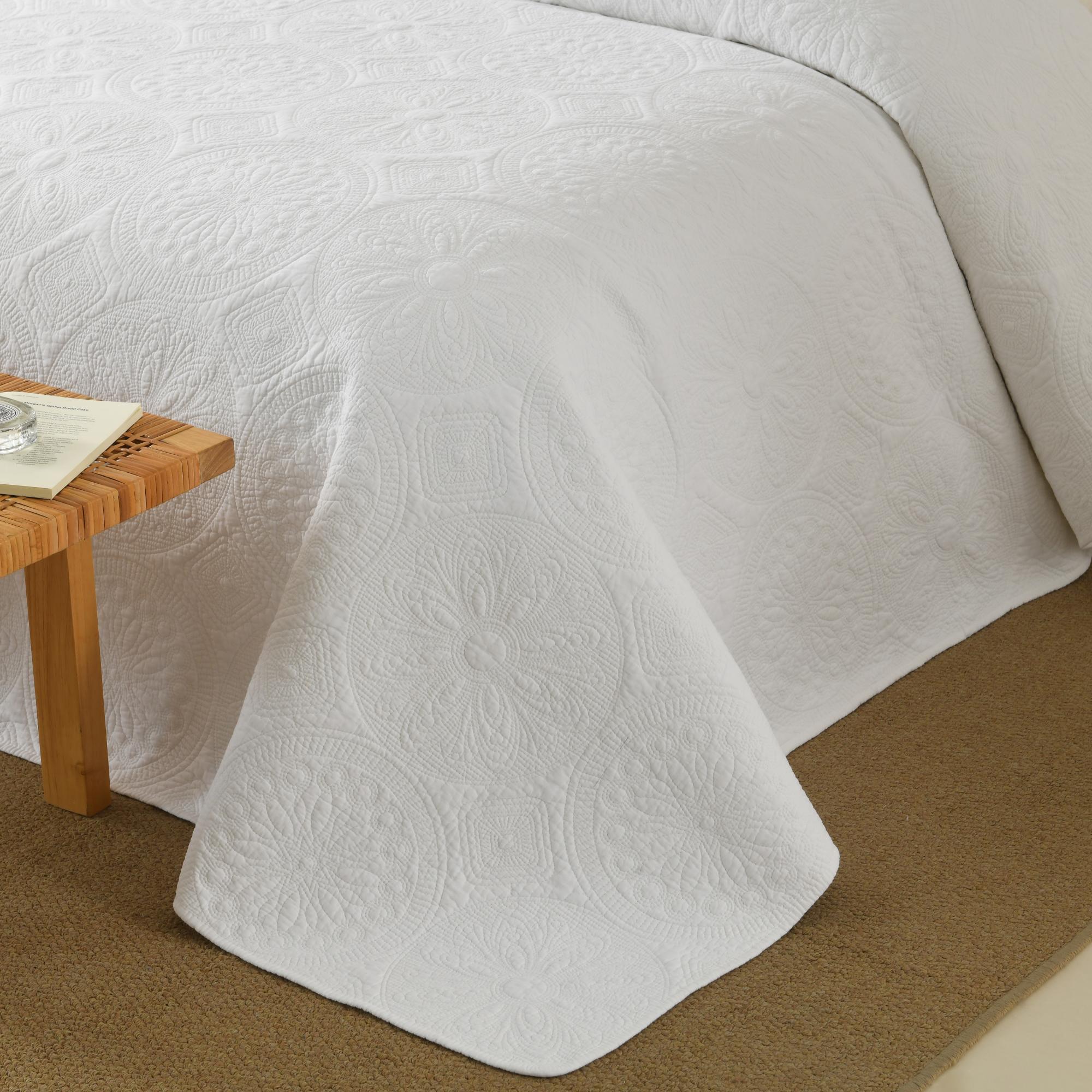 3 Piece Cotton Cover White Medallion Vintage Farmhouse Quilt Bedspread Set ME512