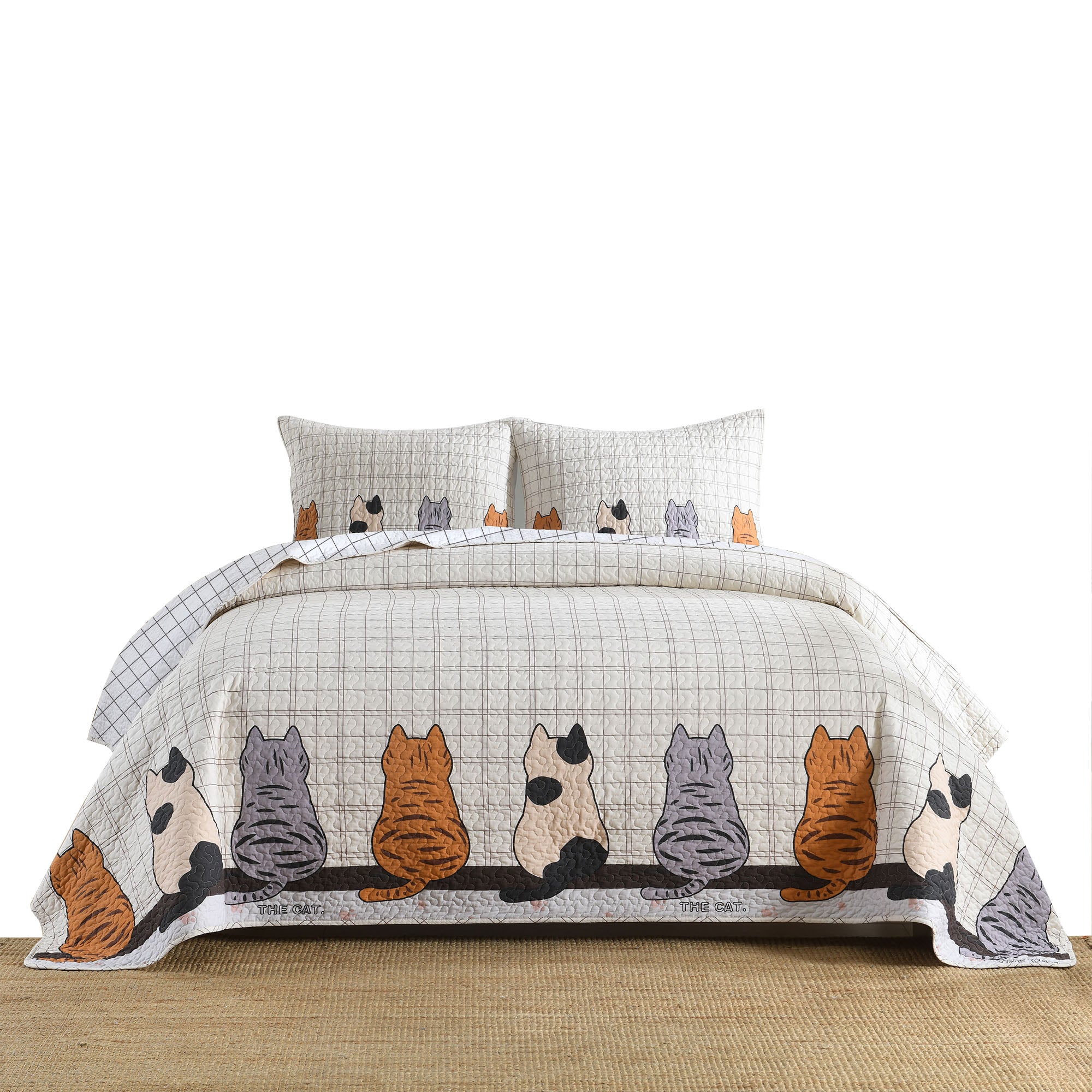 3 Piece Elegant Cat Silhouette Checkered Quilt Set Bedspread BY211
