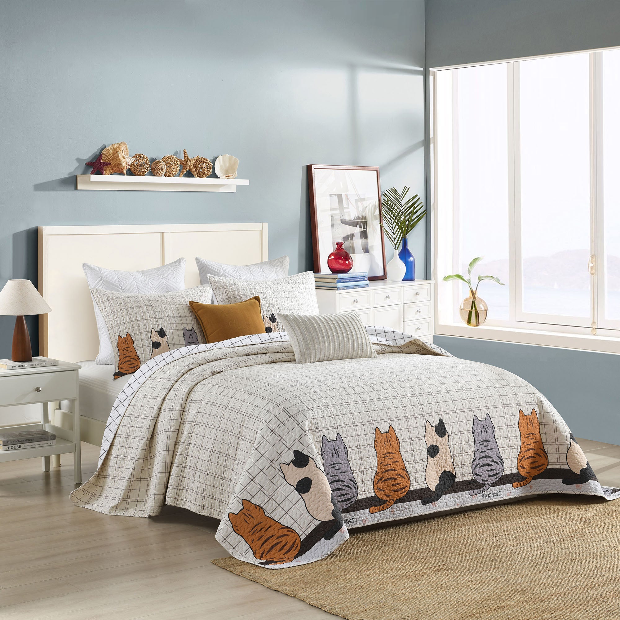 3 Piece Elegant Cat Silhouette Checkered Quilt Set Bedspread BY211