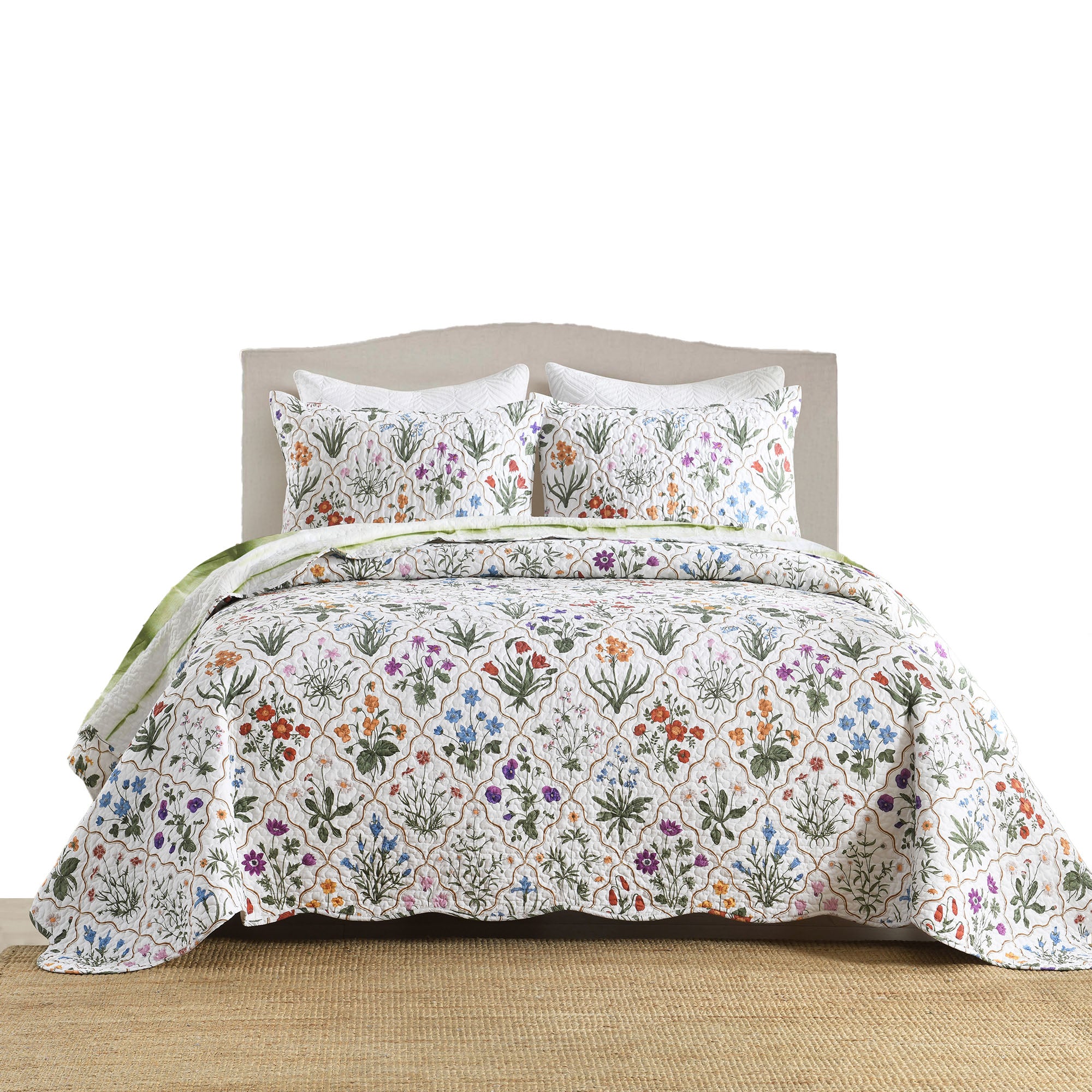 3 Piece Soft Polyester Floral Quilt Set - Botanical Print Quilted Bedspread
