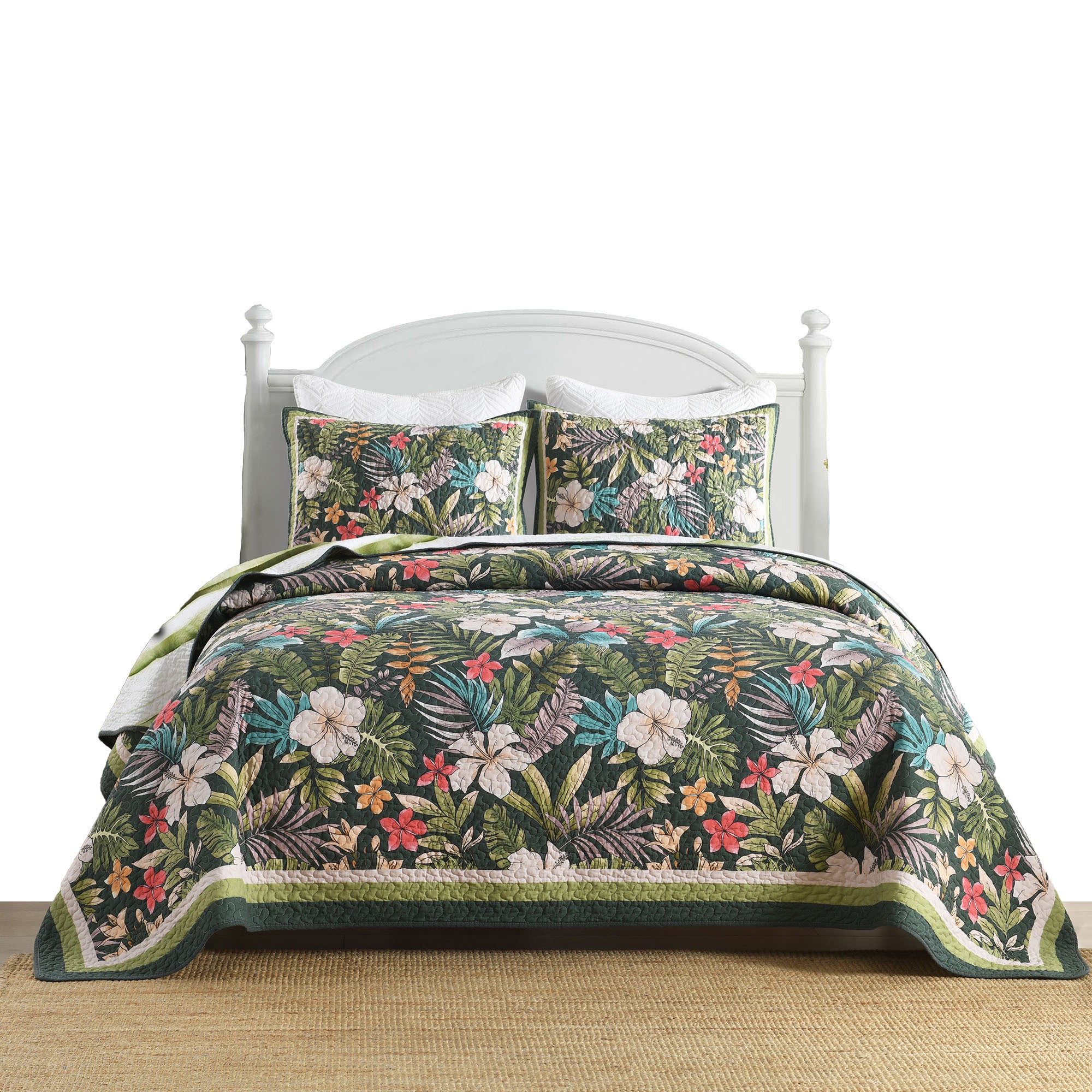 3 Piece Lightweight Polyester Tropical Leaf and Flower Quilt Bedspread Set BY223