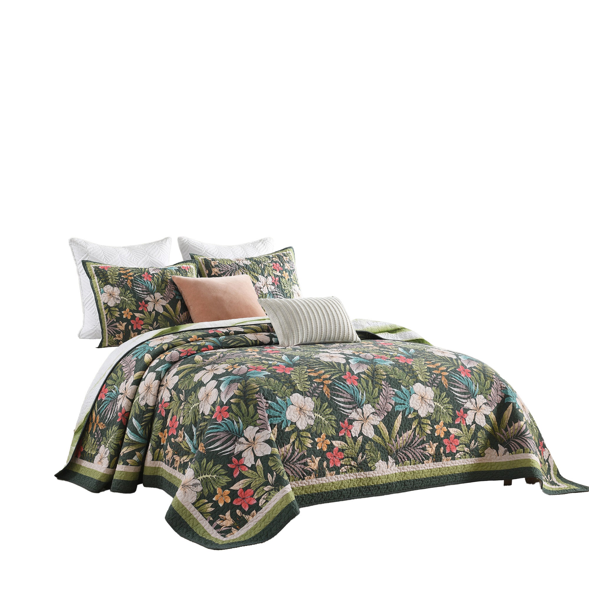 3 Piece Lightweight Polyester Tropical Leaf and Flower Quilt Bedspread Set BY223