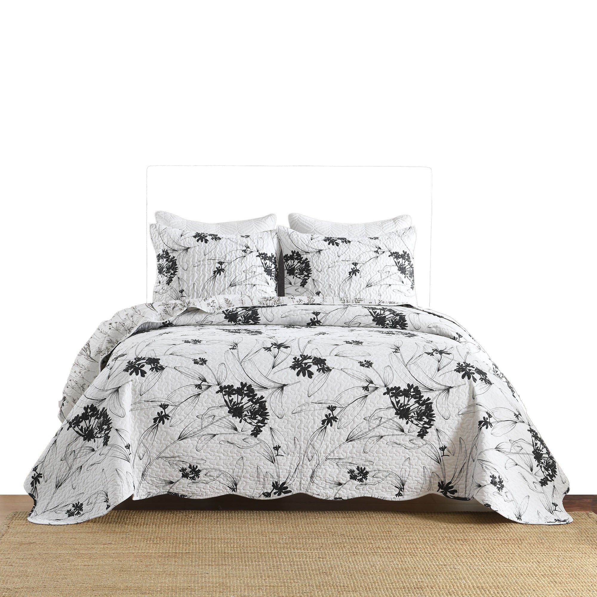 3 Piece Polyester Black and White Botanical Floral Quilt Bedspread Set BY222