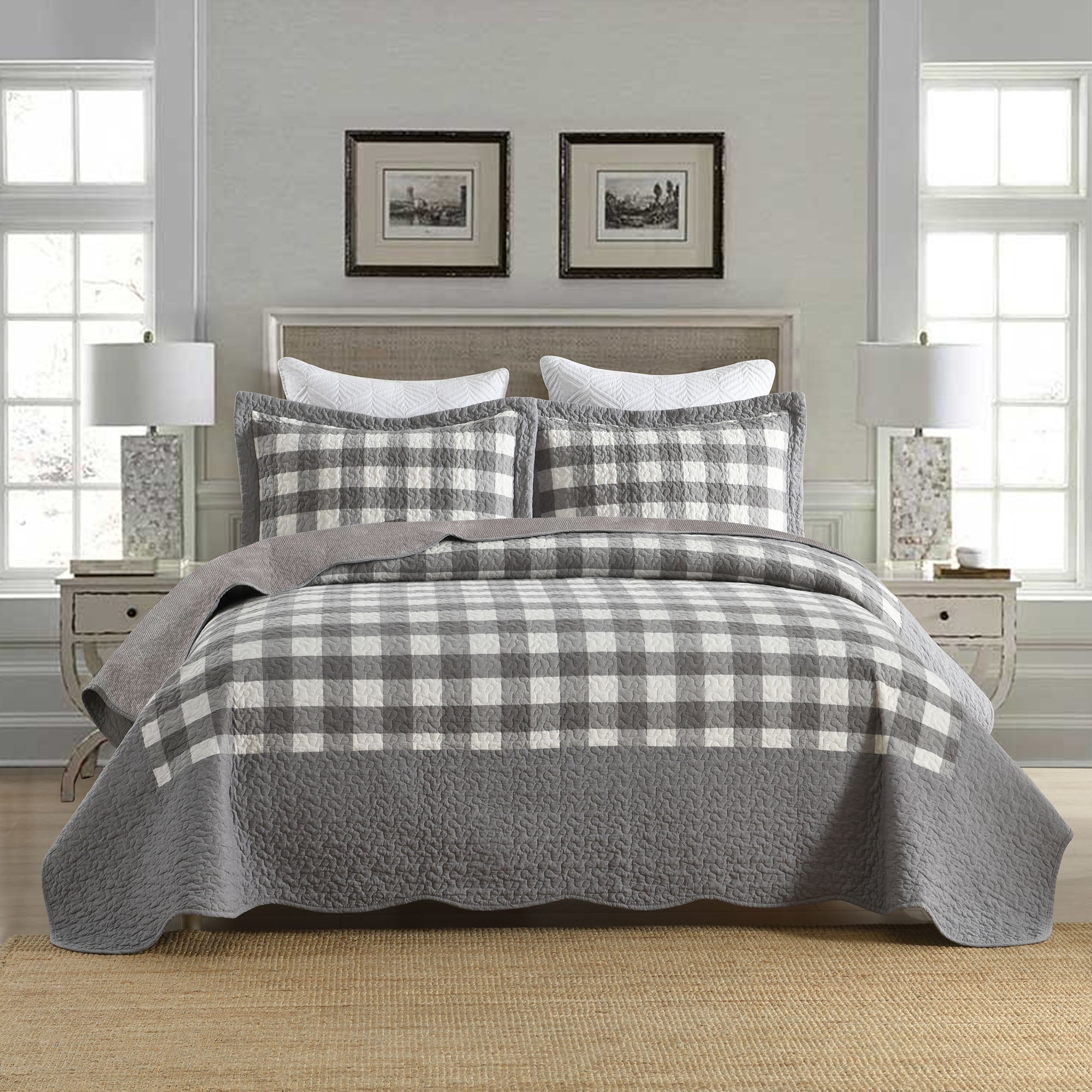 3 Piece Gray and White Checkered Quilt Set Bedspread BY213