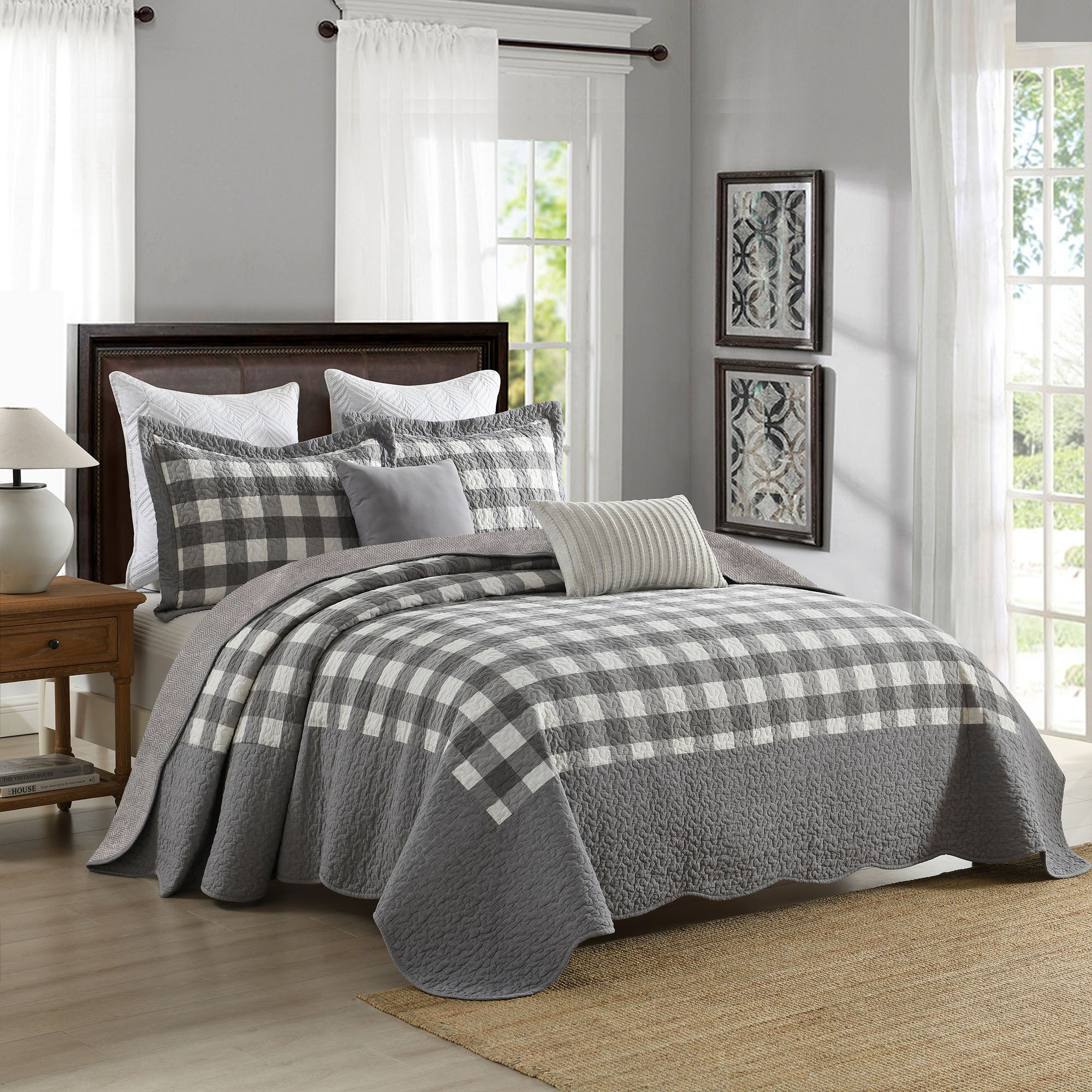 3 Piece Gray and White Checkered Quilt Set Bedspread BY213