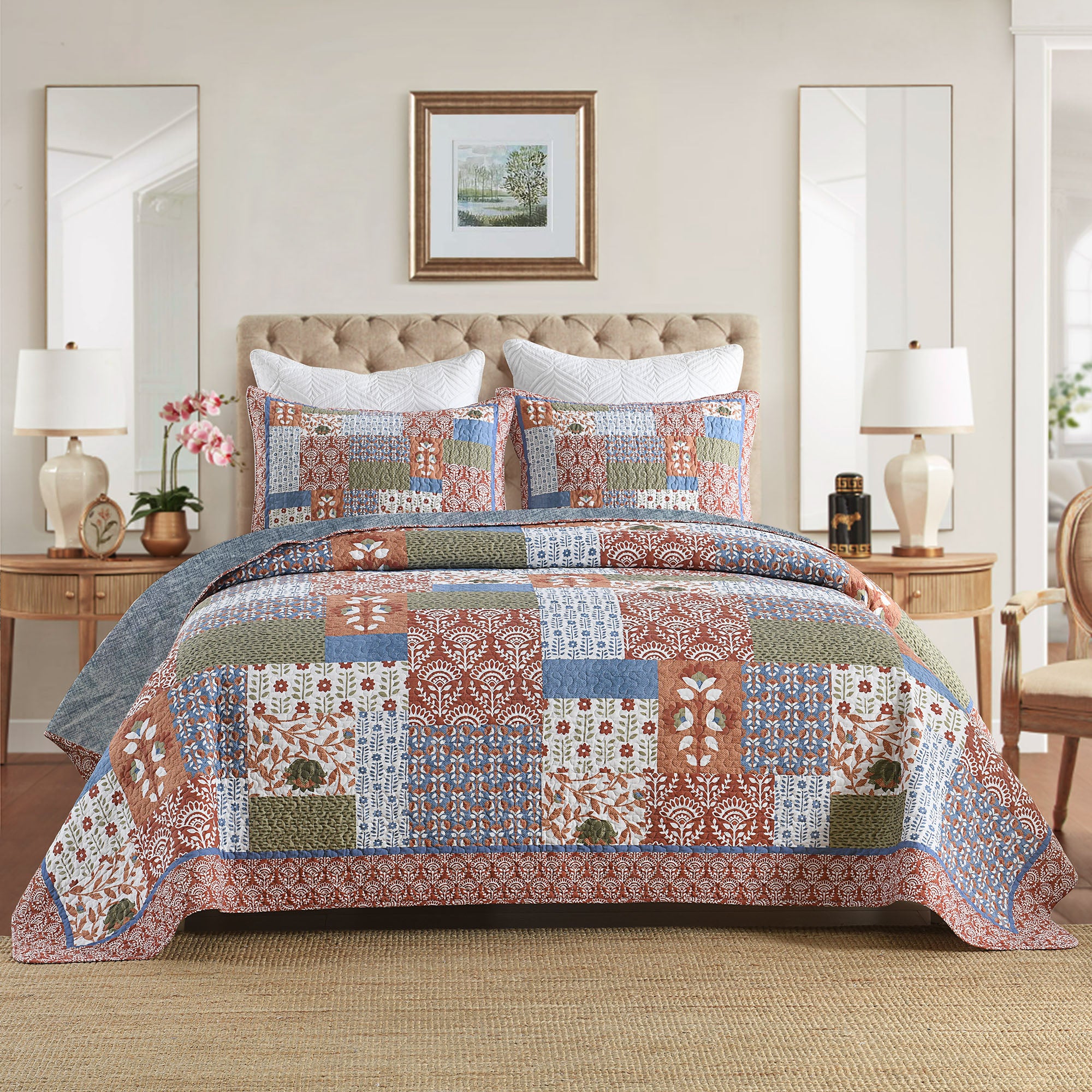3 Piece Vintage Floral Patchwork Quilt Set Bedspread BY212
