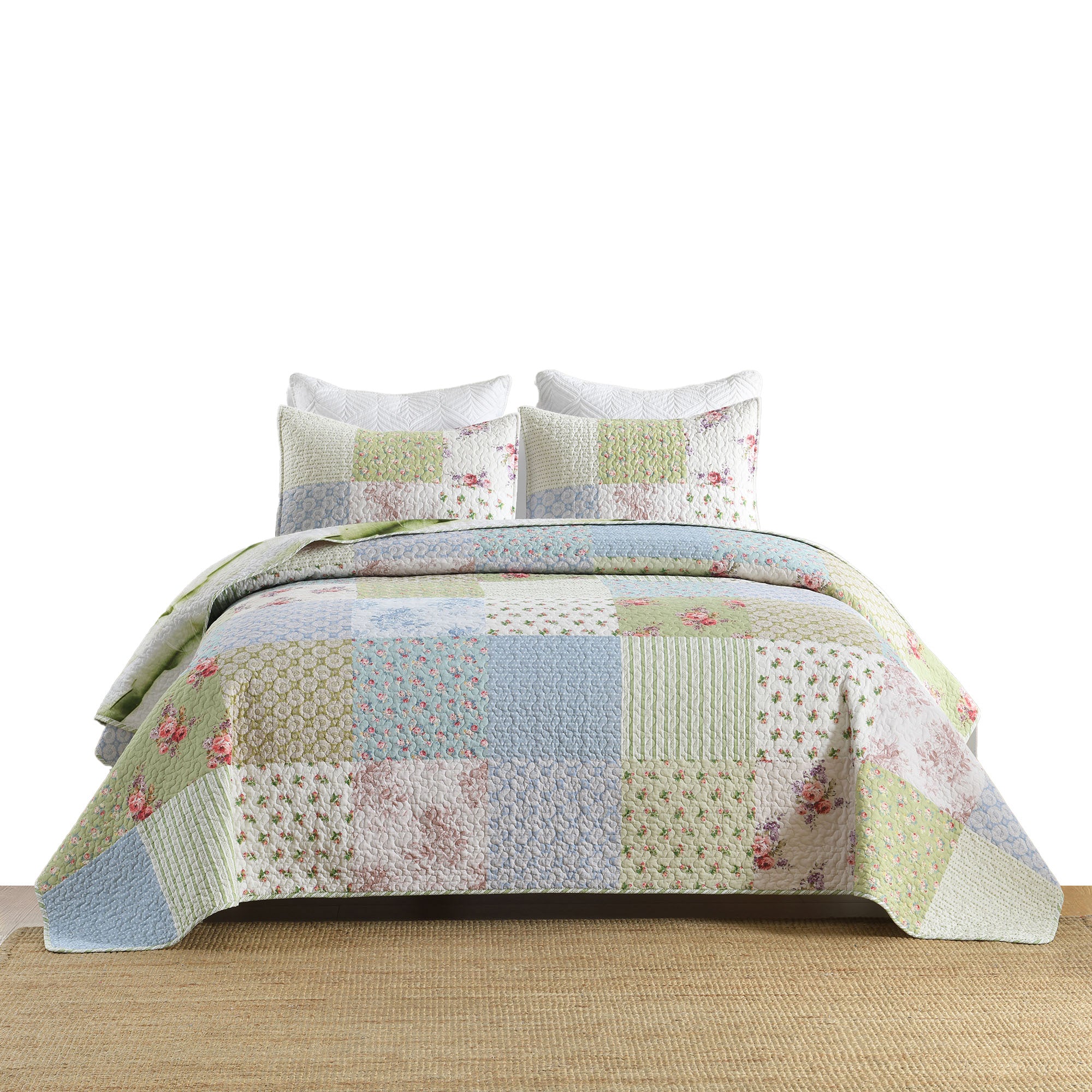 3 Piece Cottage Floral Patchwork Quilt Set - Country Style Quilted Bedspread BY225
