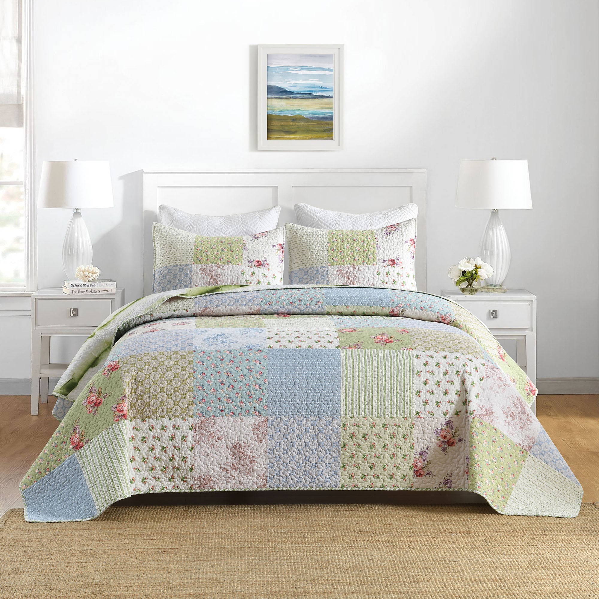 3 Piece Cottage Floral Patchwork Quilt Set - Country Style Quilted Bedspread BY225