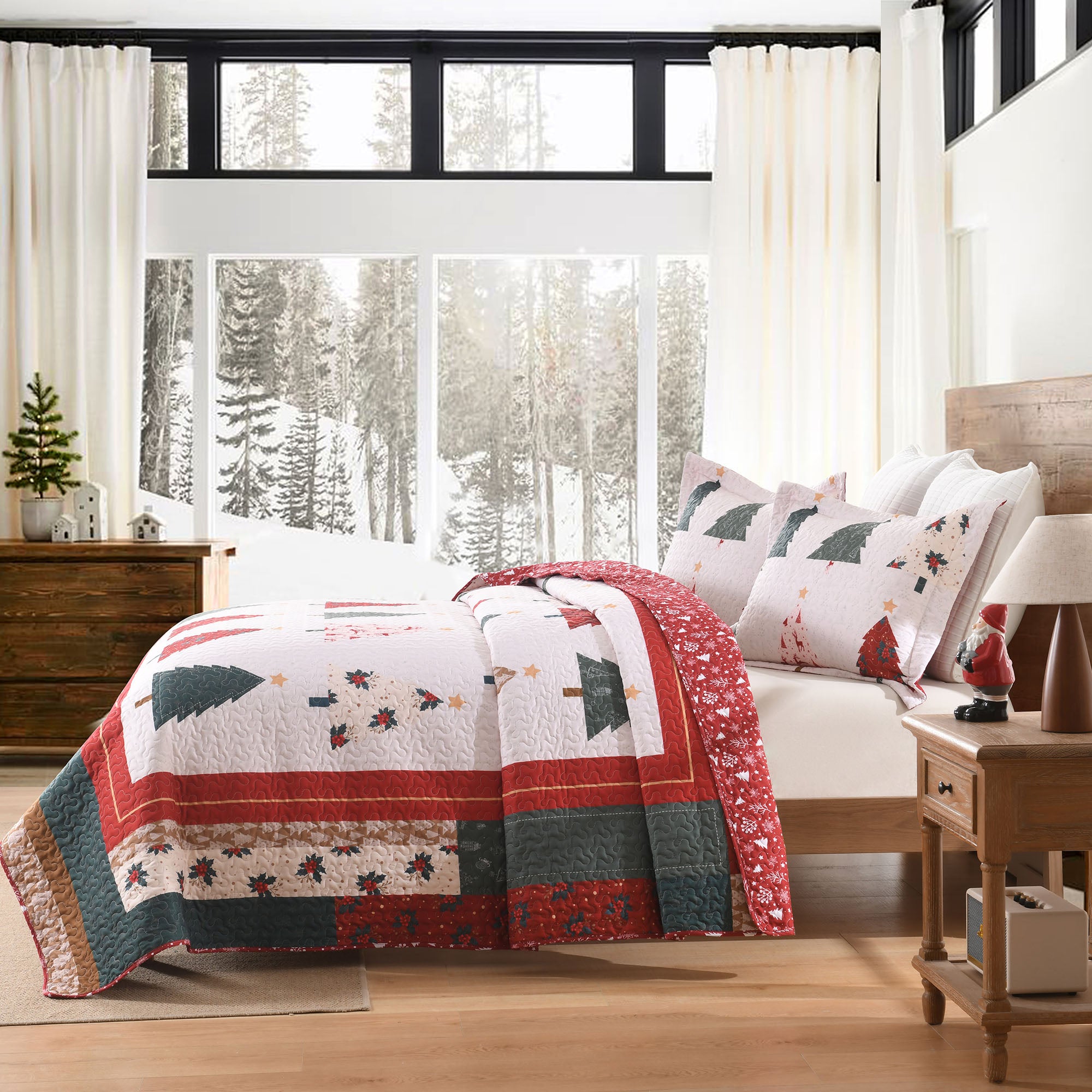 3 Piece Reversible Polyester Christmas Tree Quilt Set - Holiday Forest Bedspread BY219