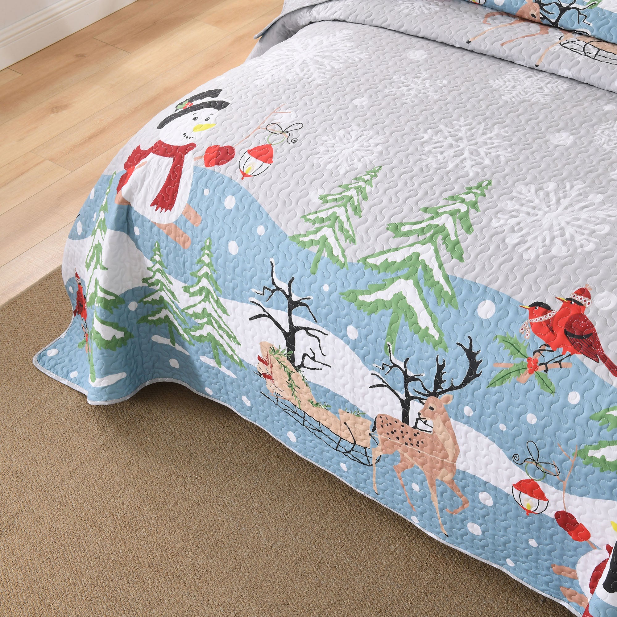 3 Piece Reversible Winter Wonderland Christmas Quilt Bedspread Set BY215