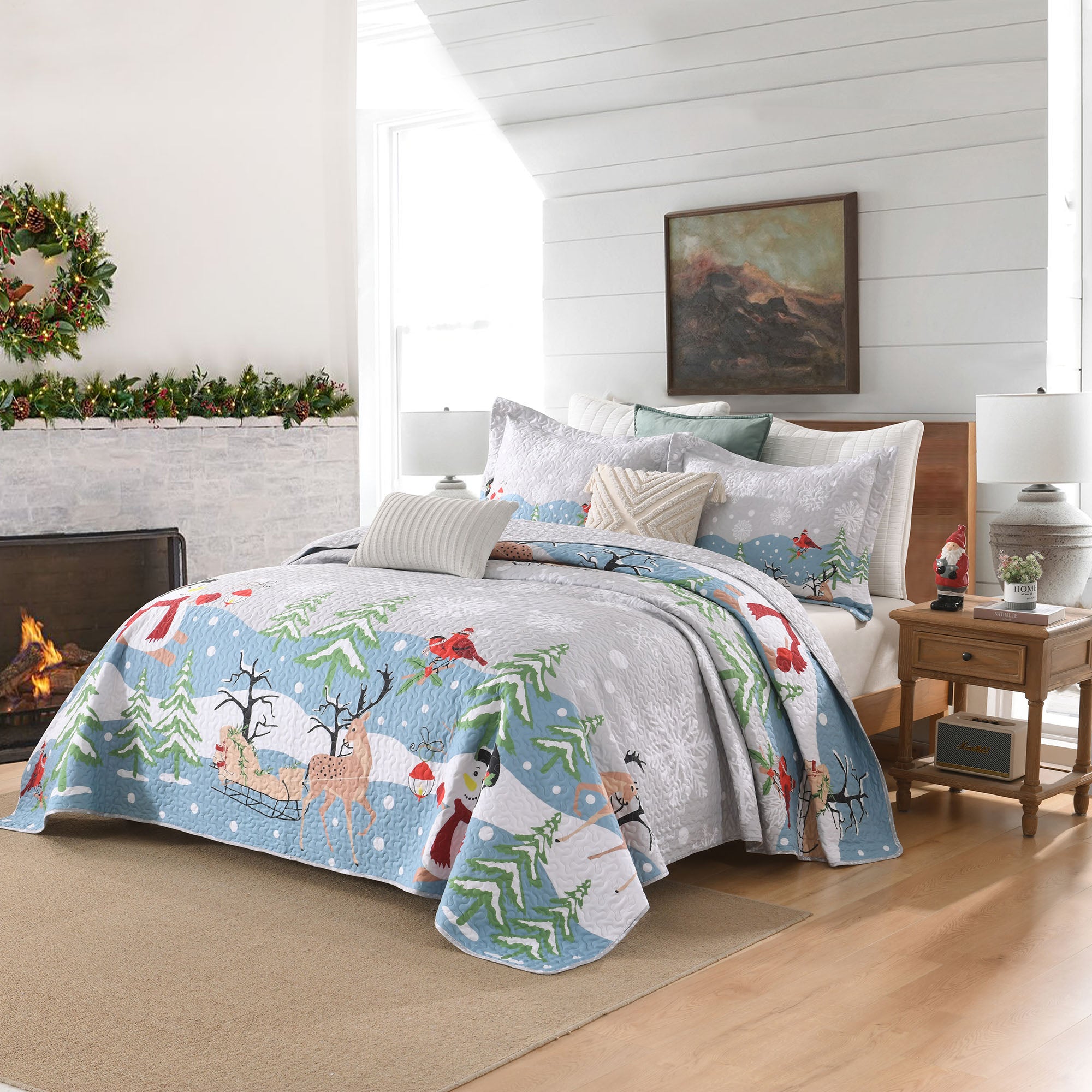 3 Piece Reversible Winter Wonderland Christmas Quilt Bedspread Set BY215