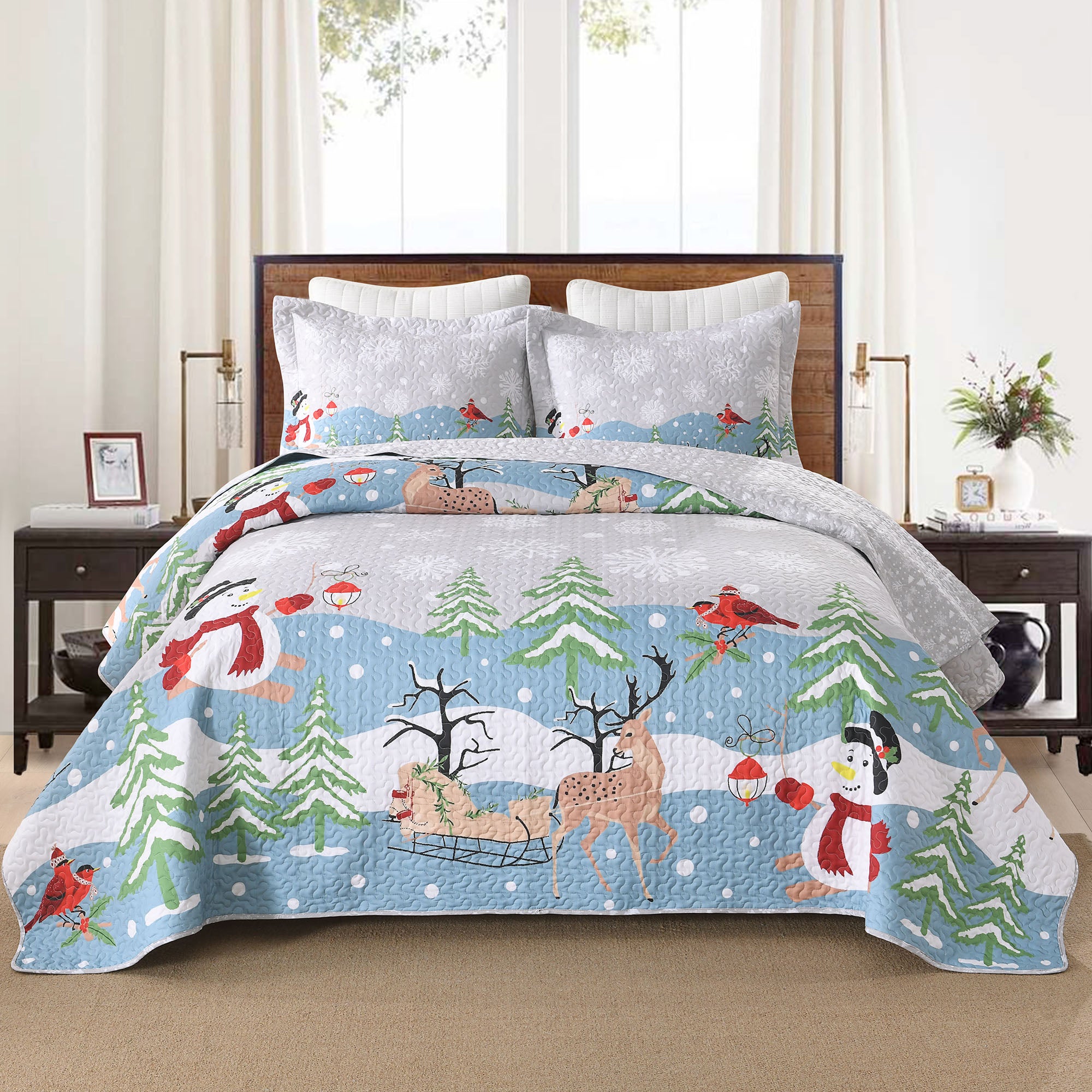 3 Piece Reversible Winter Wonderland Christmas Quilt Bedspread Set BY215