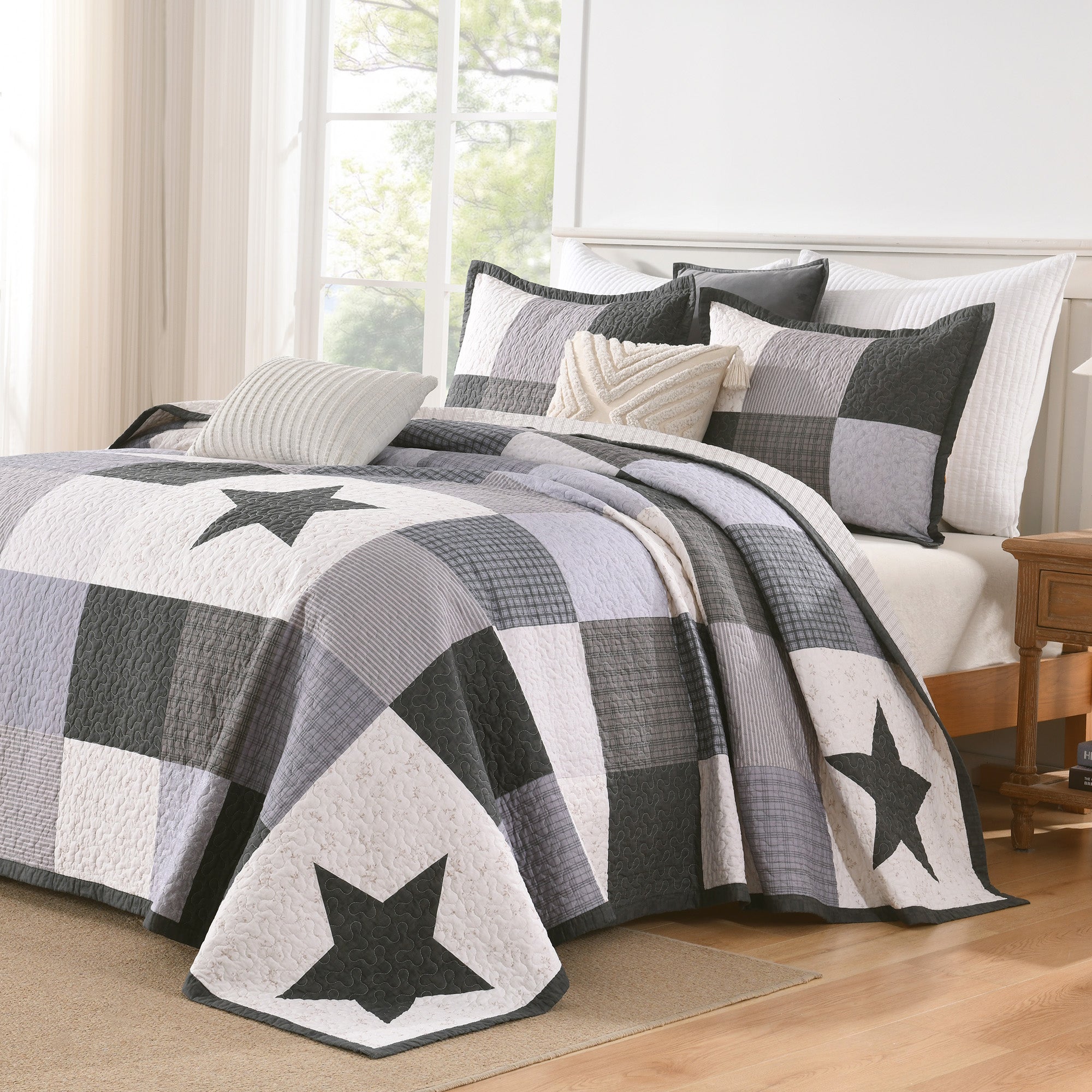 3 Pcs 100% Cotton Modern Star Pattern Checkered Quilt Bedspread Set CP327
