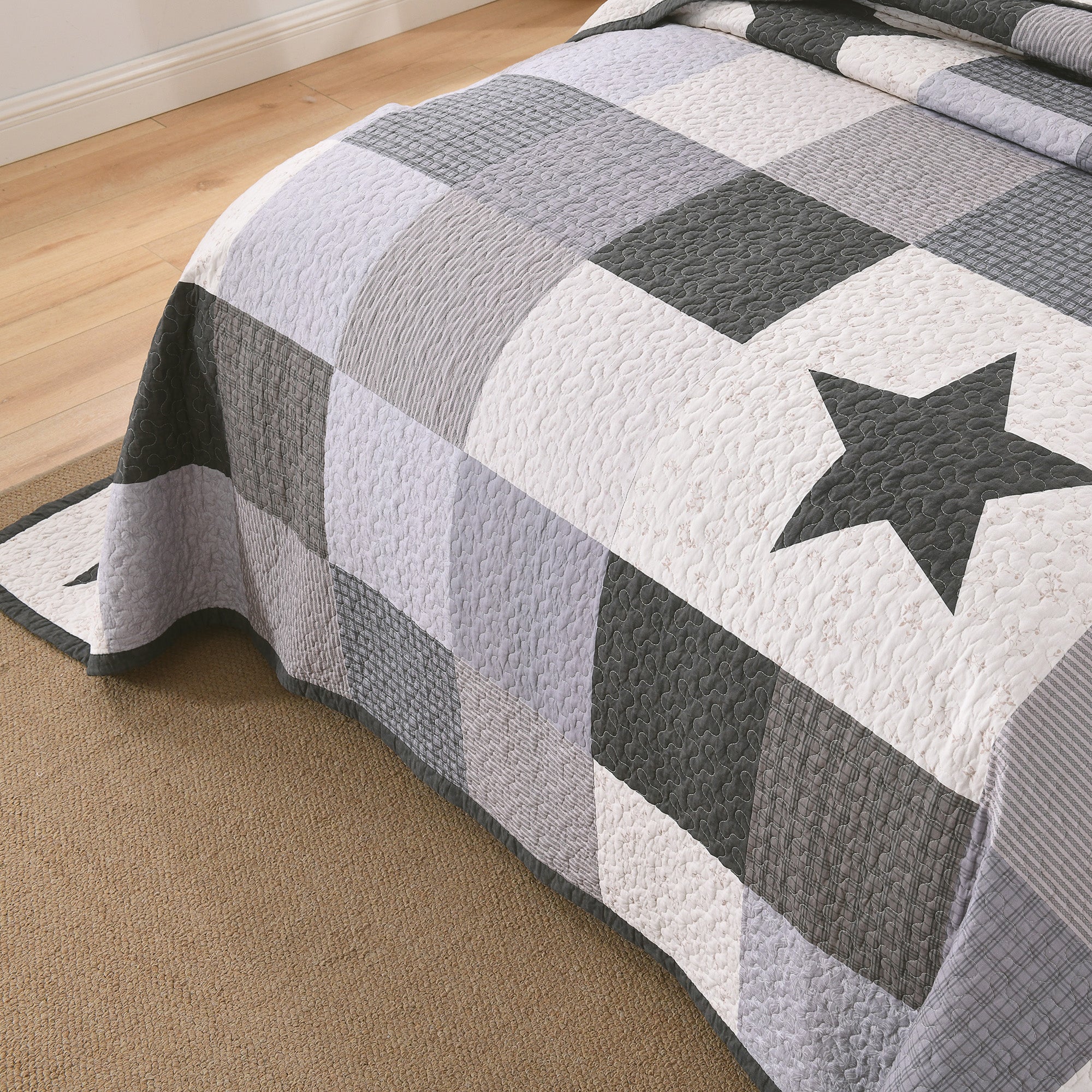 3 Pcs 100% Cotton Modern Star Pattern Checkered Quilt Bedspread Set CP327