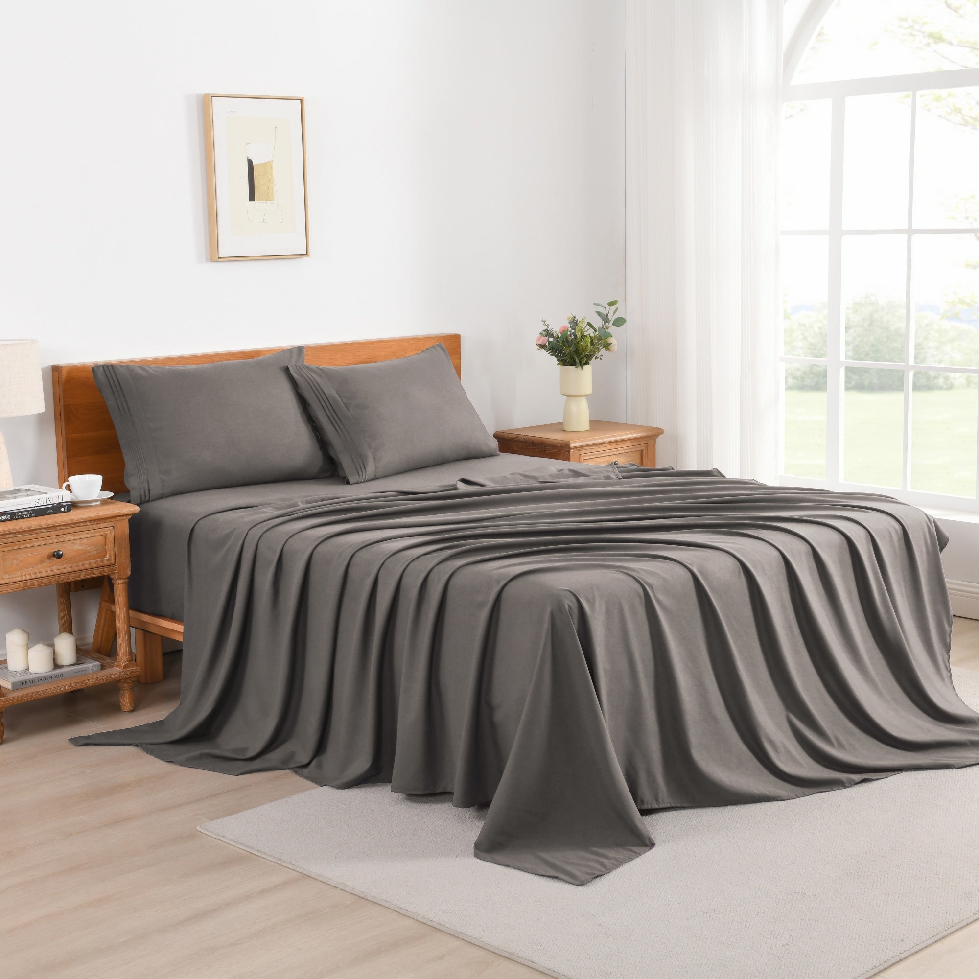 3/4 Piece Soft Solid Embroidered Bed Sheet Set Bedding Set