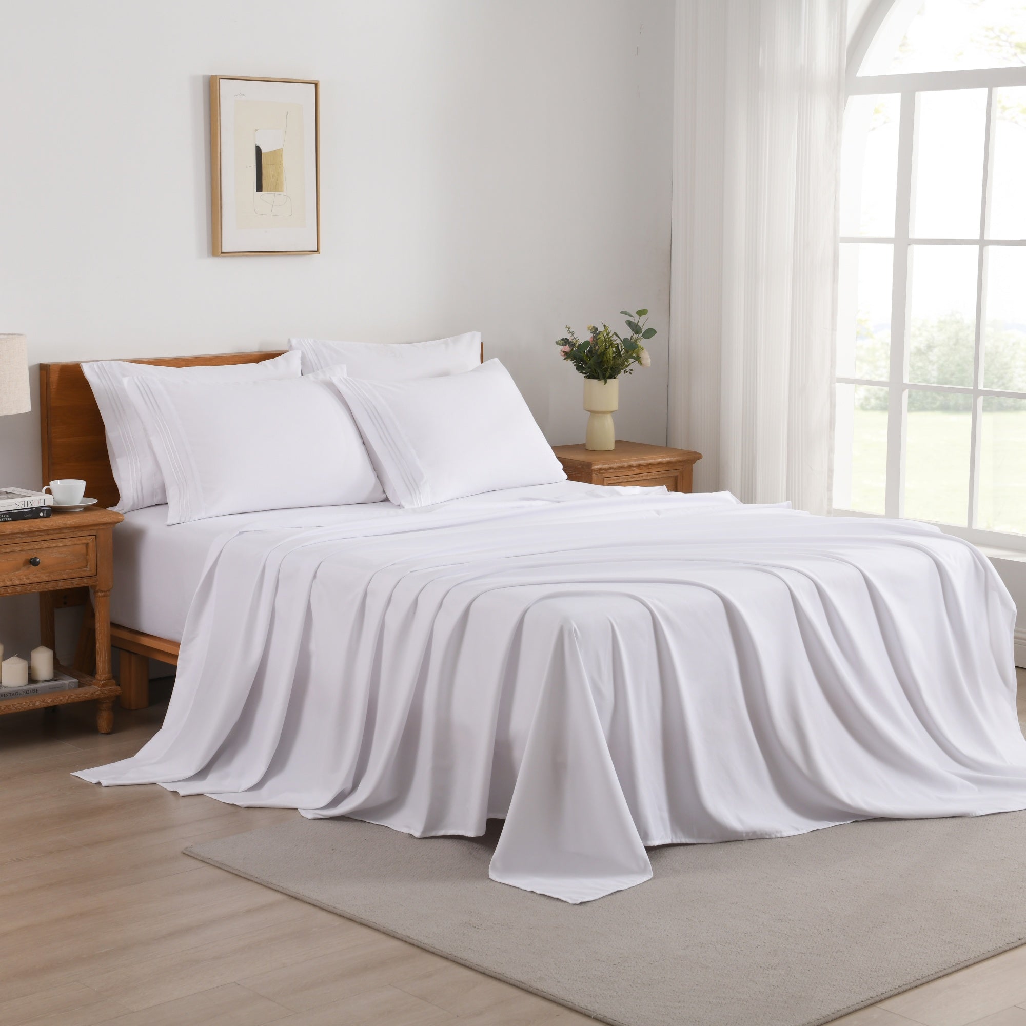 4/6 Piece Soft Solid Embroidered Bed Sheet Set