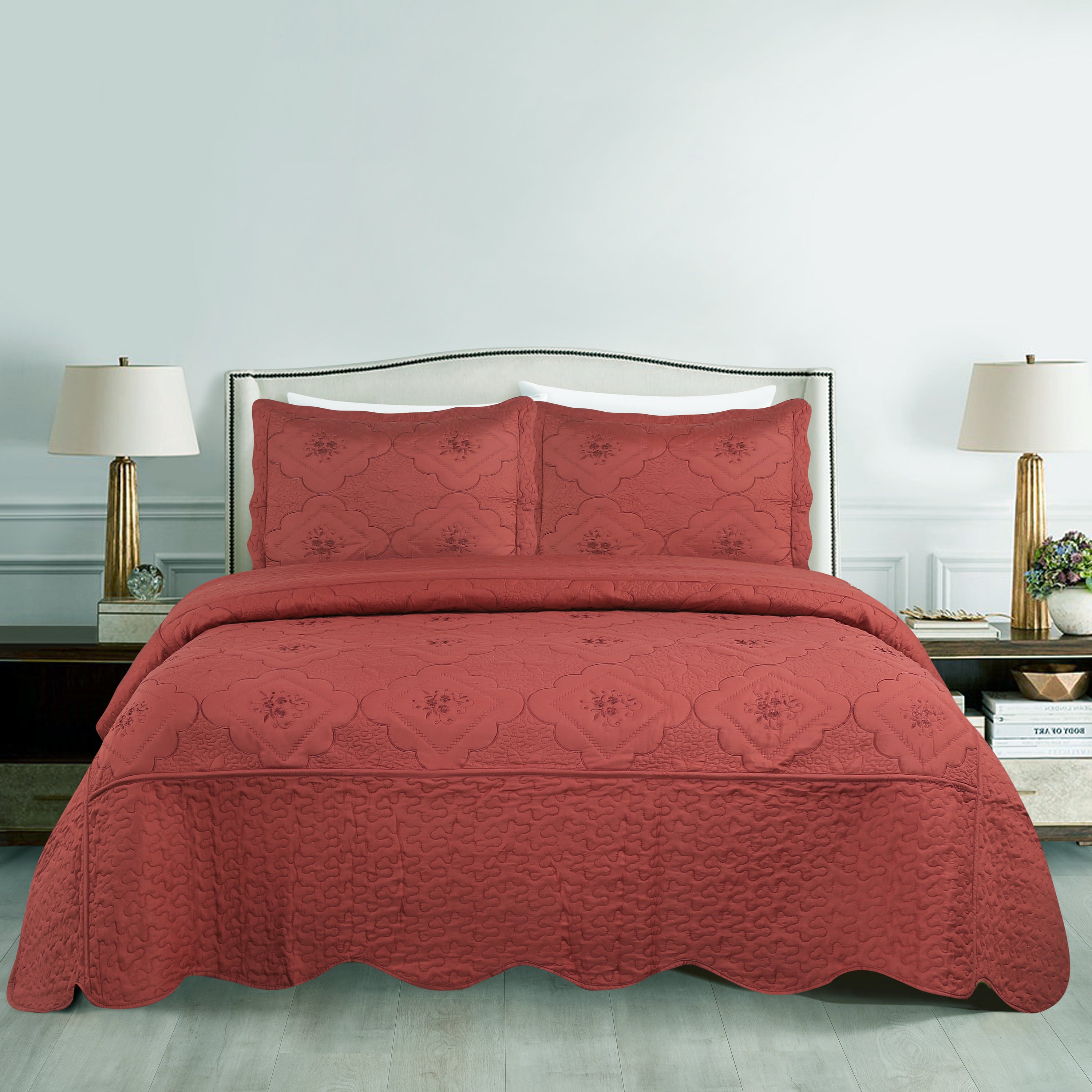 3 Piece Floral Embroidered Quilted Bedspread Set