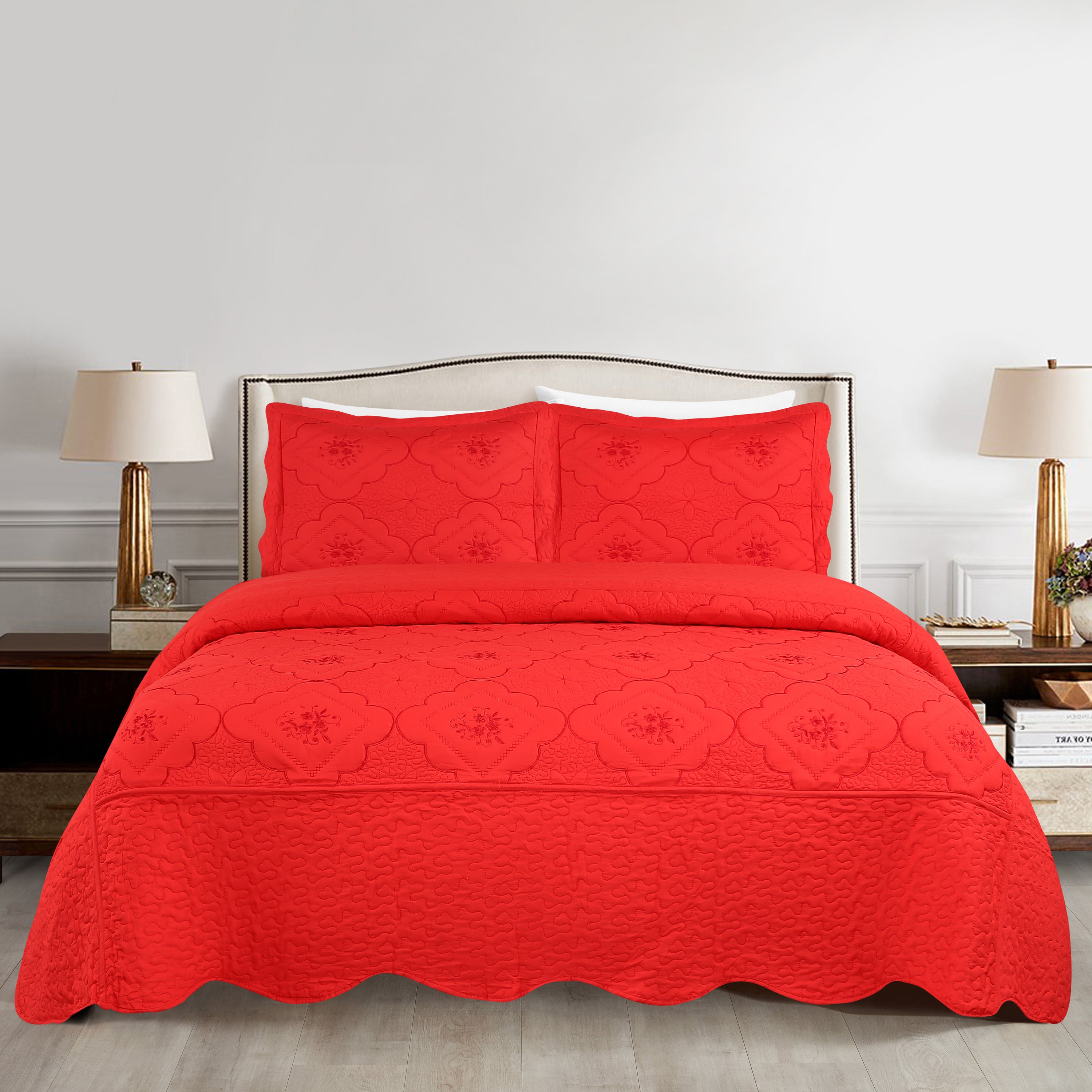 3 Piece Floral Embroidered Quilted Bedspread Set