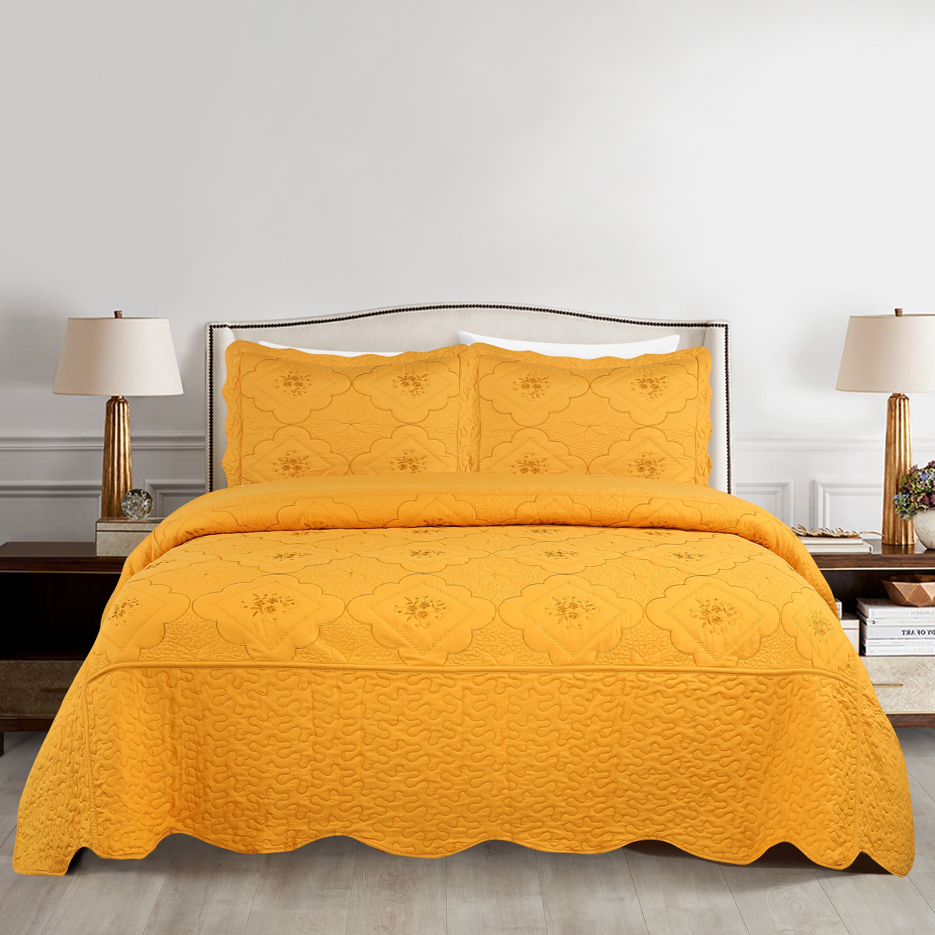 3 Piece Floral Embroidered Quilted Bedspread Set