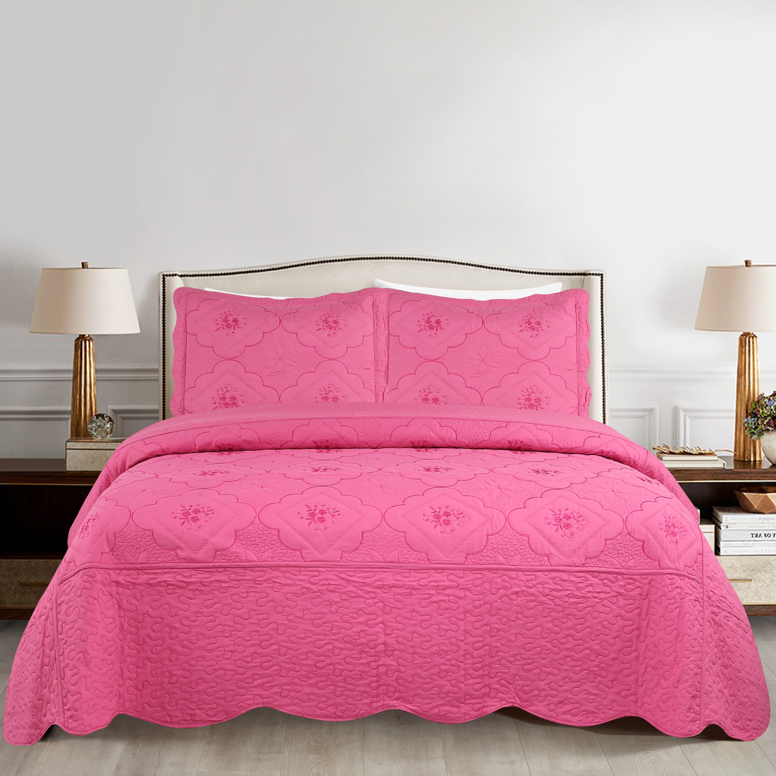 3 Piece Floral Embroidered Quilted Bedspread Set